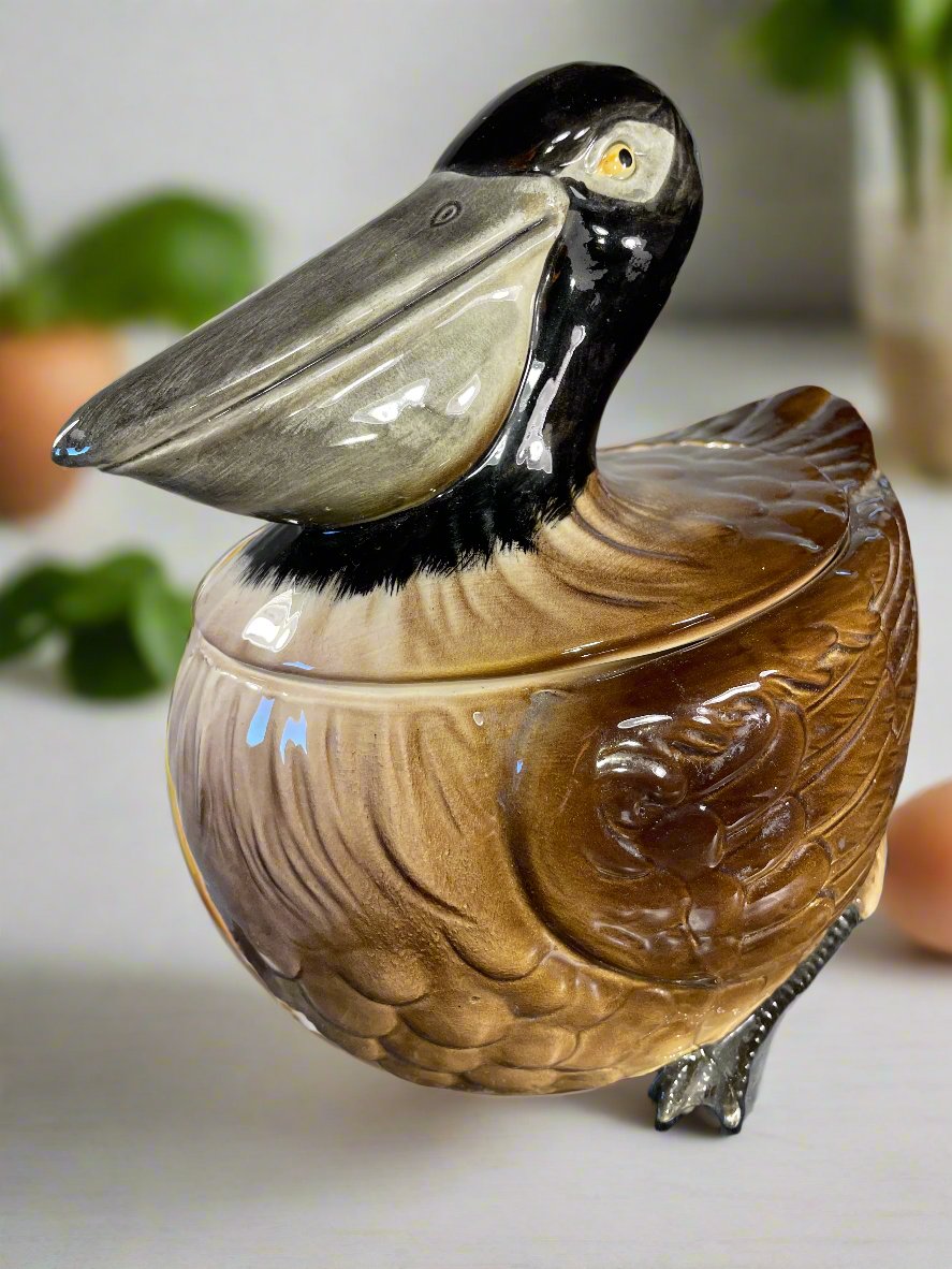 Vintage Hand-Painted Pelican Ceramic Lidded Jar – Decorative Tureen — photo 2