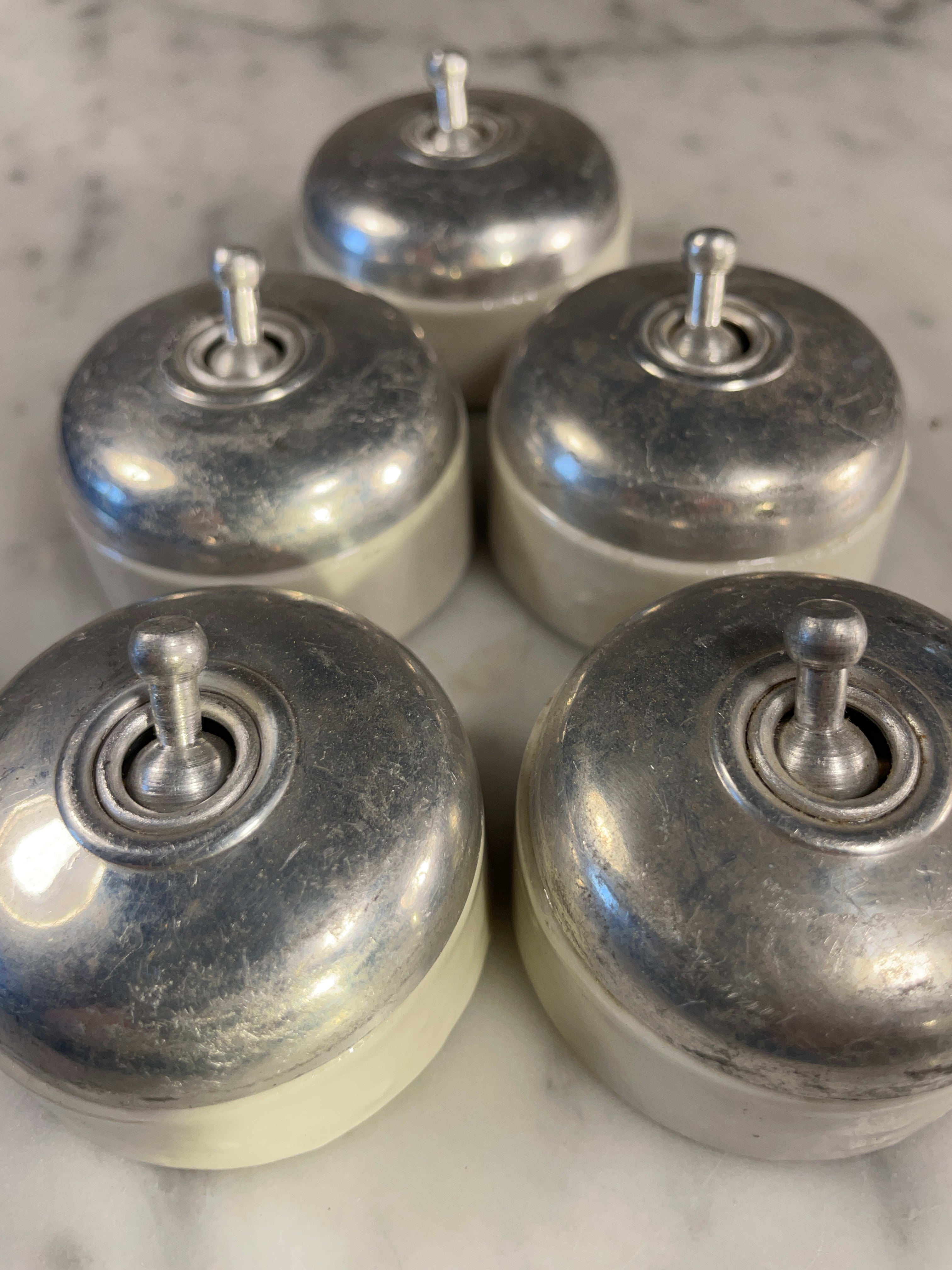 Set of 5 Vintage Metal & Ceramic Toggle Light Switches – Mid-Century — photo 3