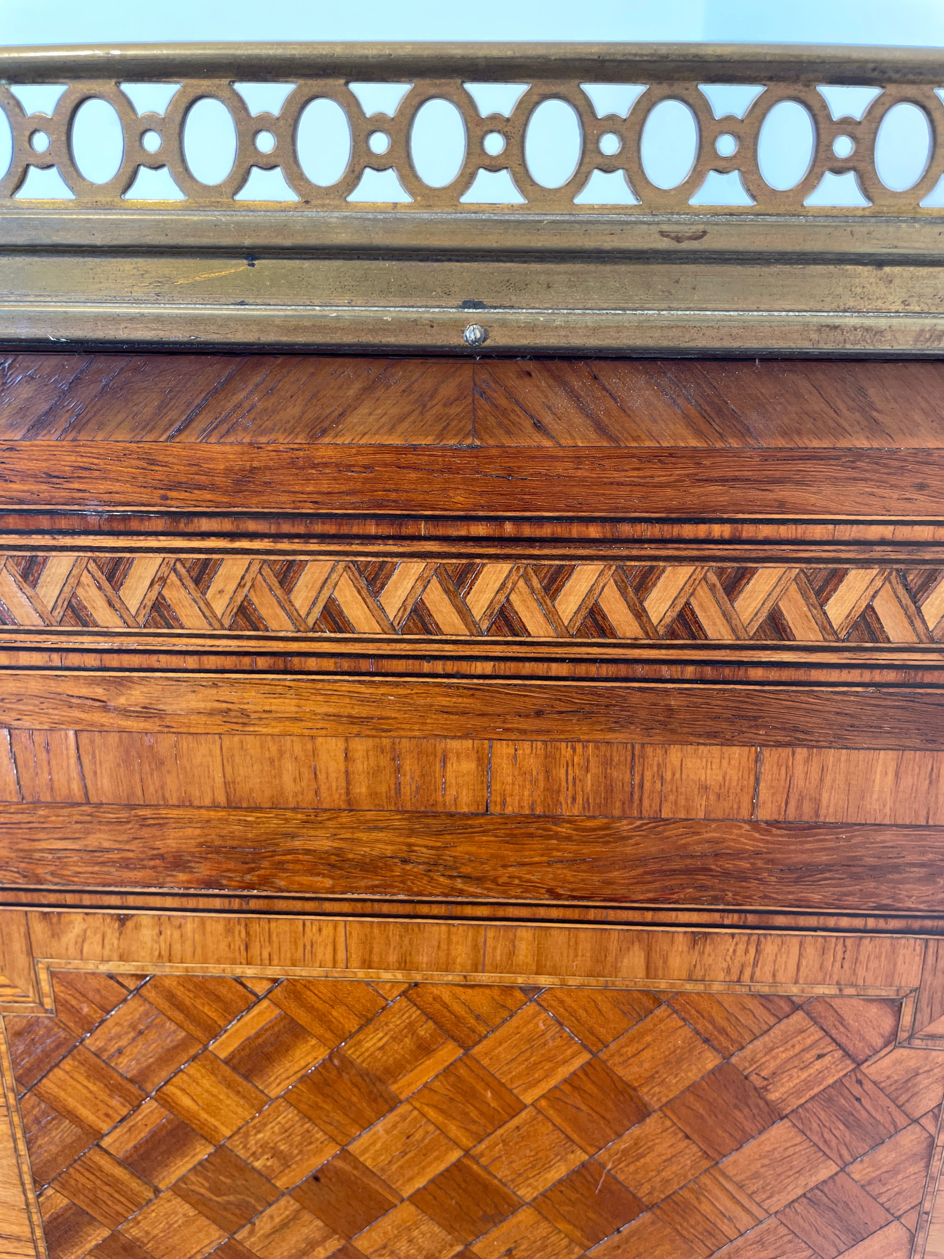 Exquisite Louis XVI-Style Marquetry Cabinet with Brass Gallery and Marble Top — photo 5