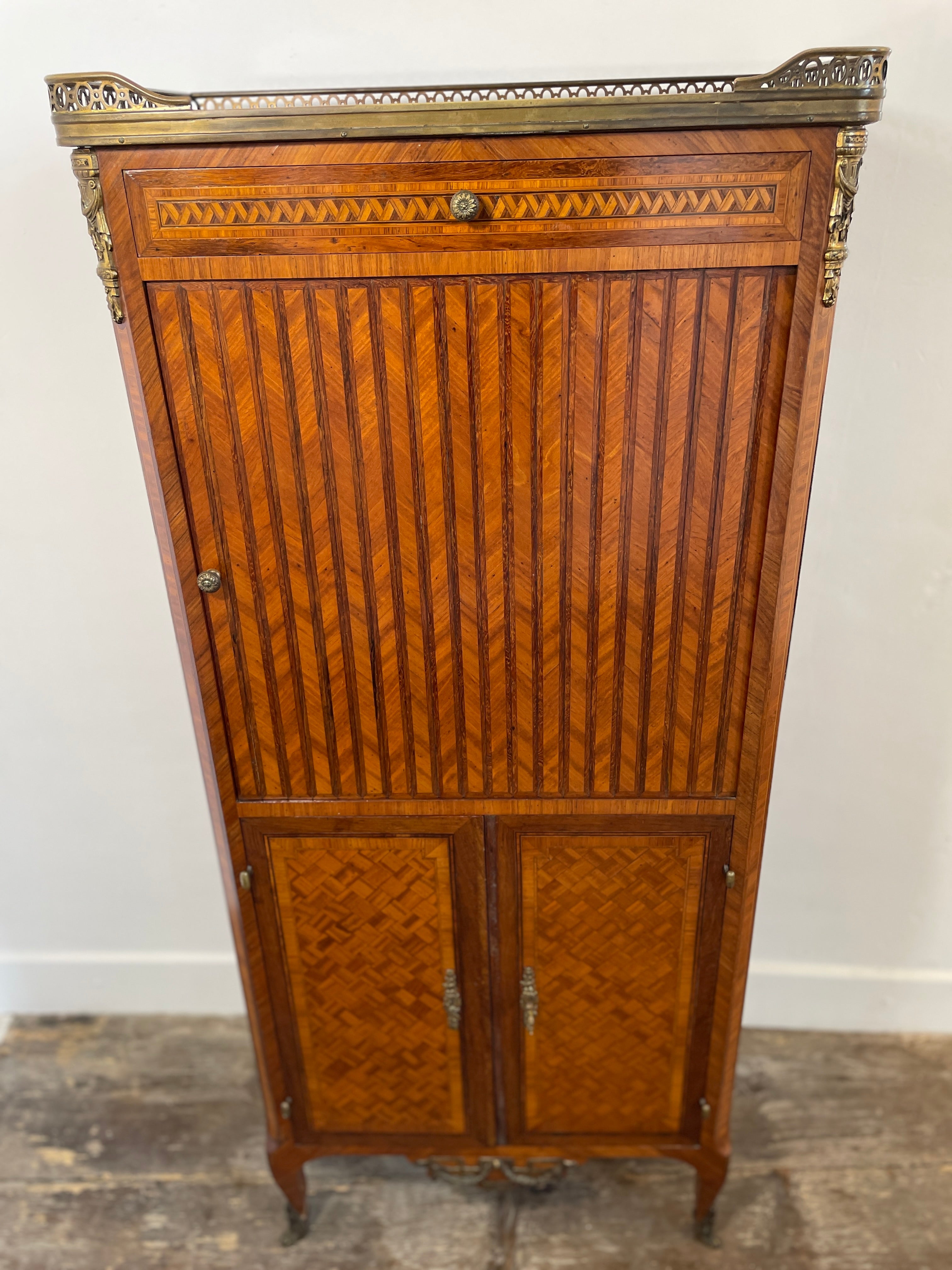 Exquisite Louis XVI-Style Marquetry Cabinet with Brass Gallery and Marble Top — photo 6