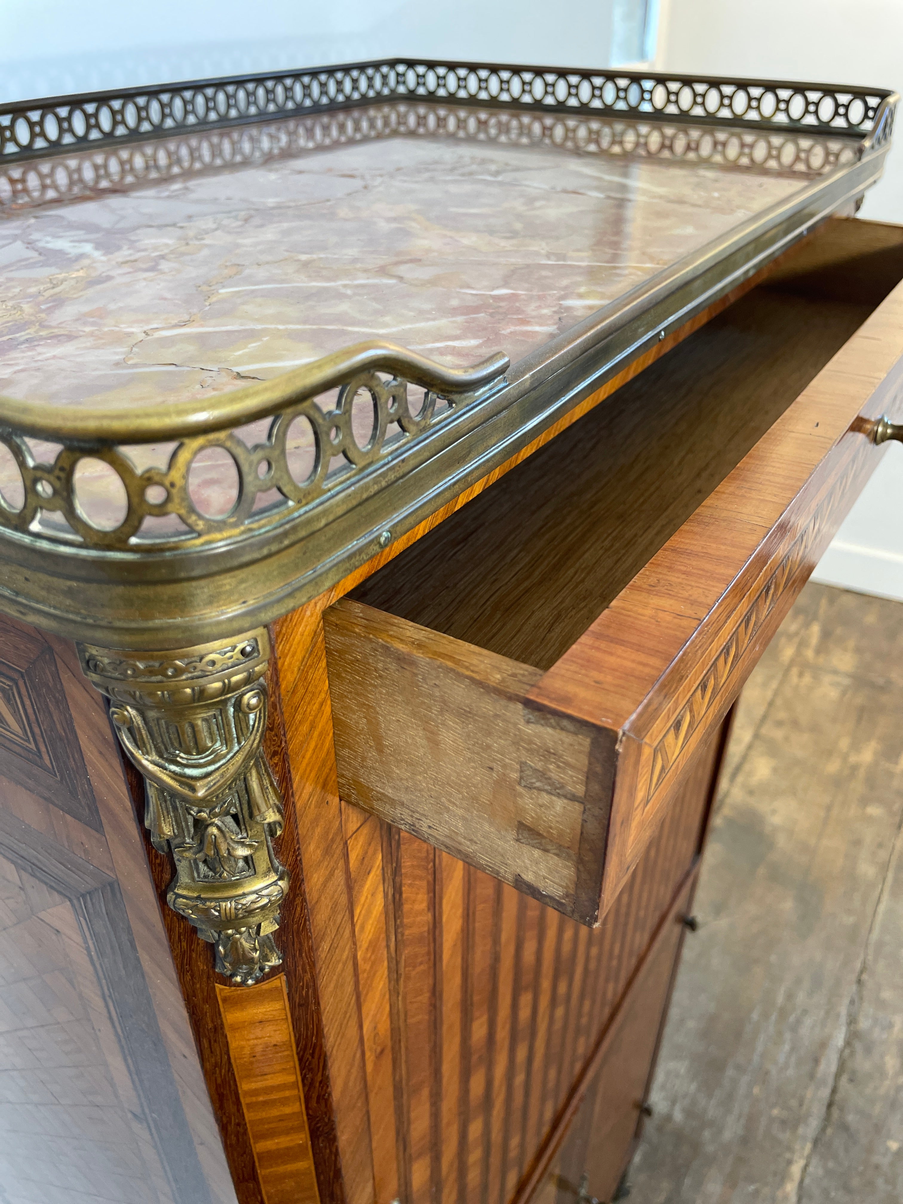 Exquisite Louis XVI-Style Marquetry Cabinet with Brass Gallery and Marble Top — photo 9