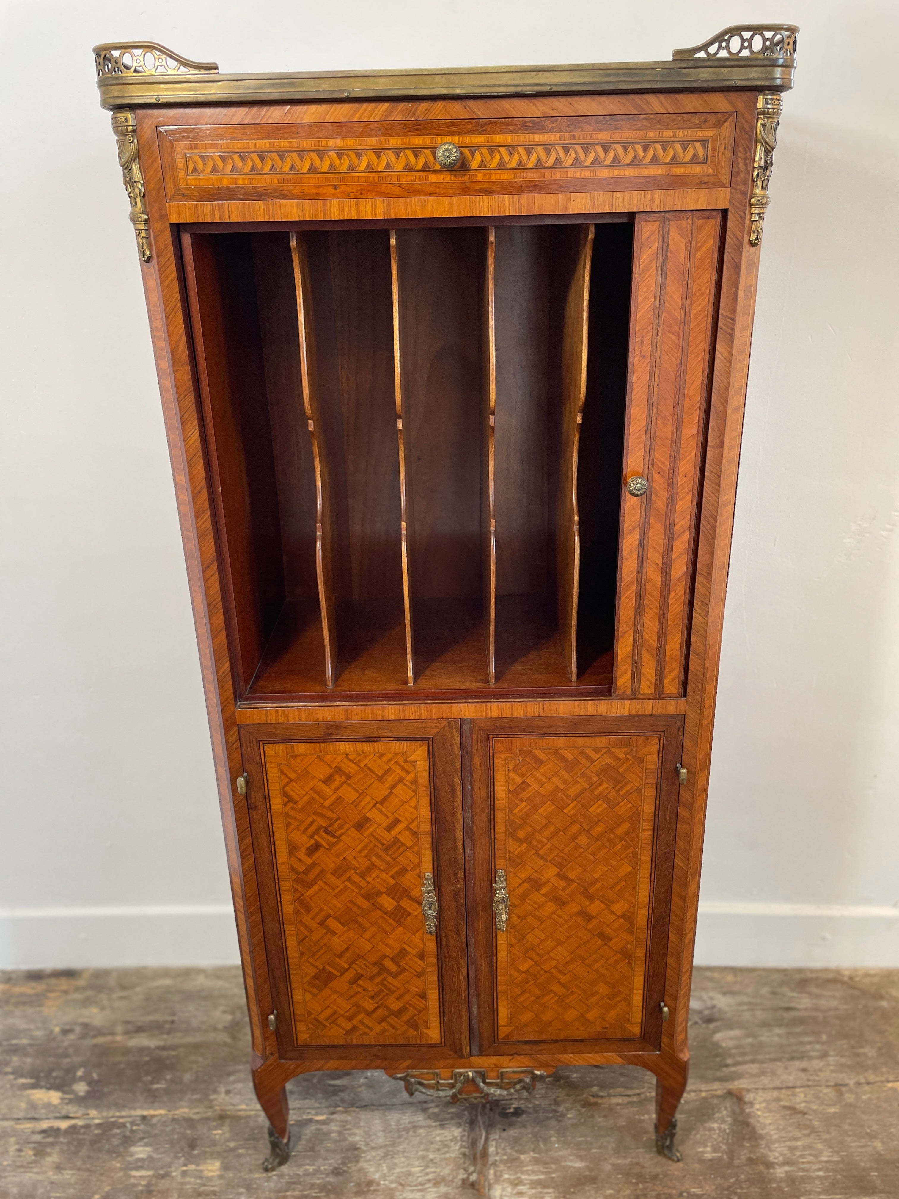 Exquisite Louis XVI-Style Marquetry Cabinet with Brass Gallery and Marble Top — photo 10