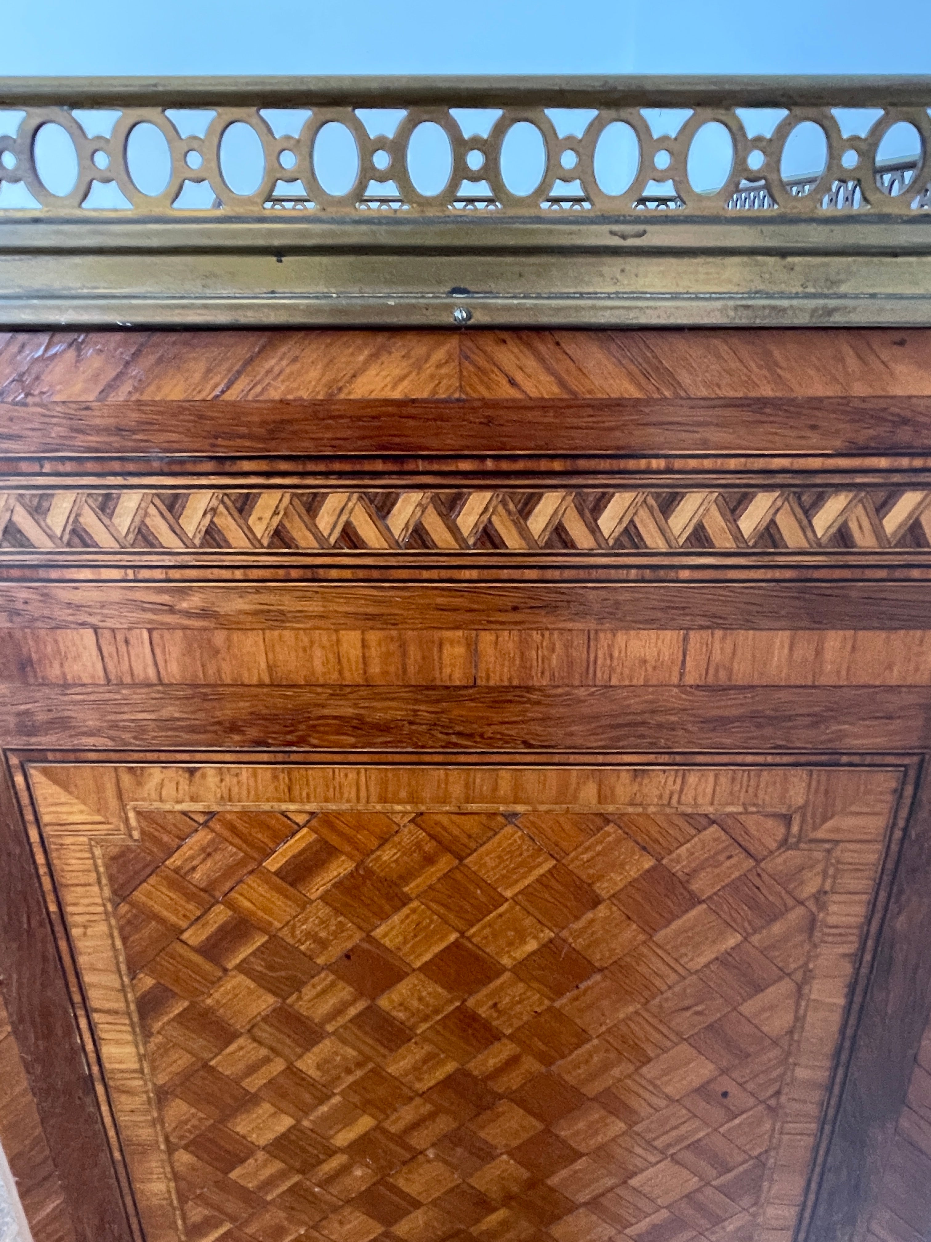 Exquisite Louis XVI-Style Marquetry Cabinet with Brass Gallery and Marble Top — photo 11