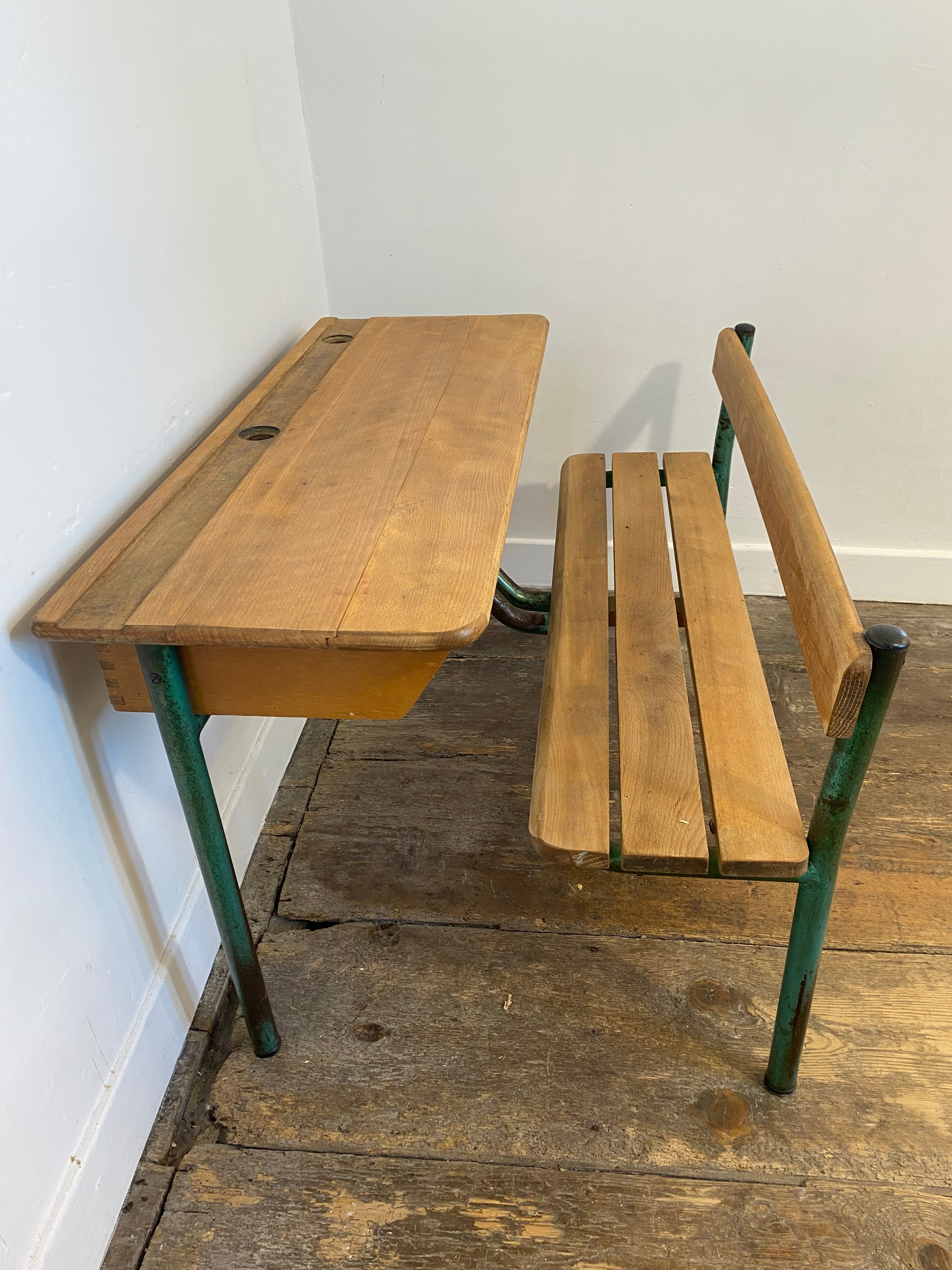 Vintage French School Desk by Delagrave – Wood & Metal Bench, Patina — photo 7