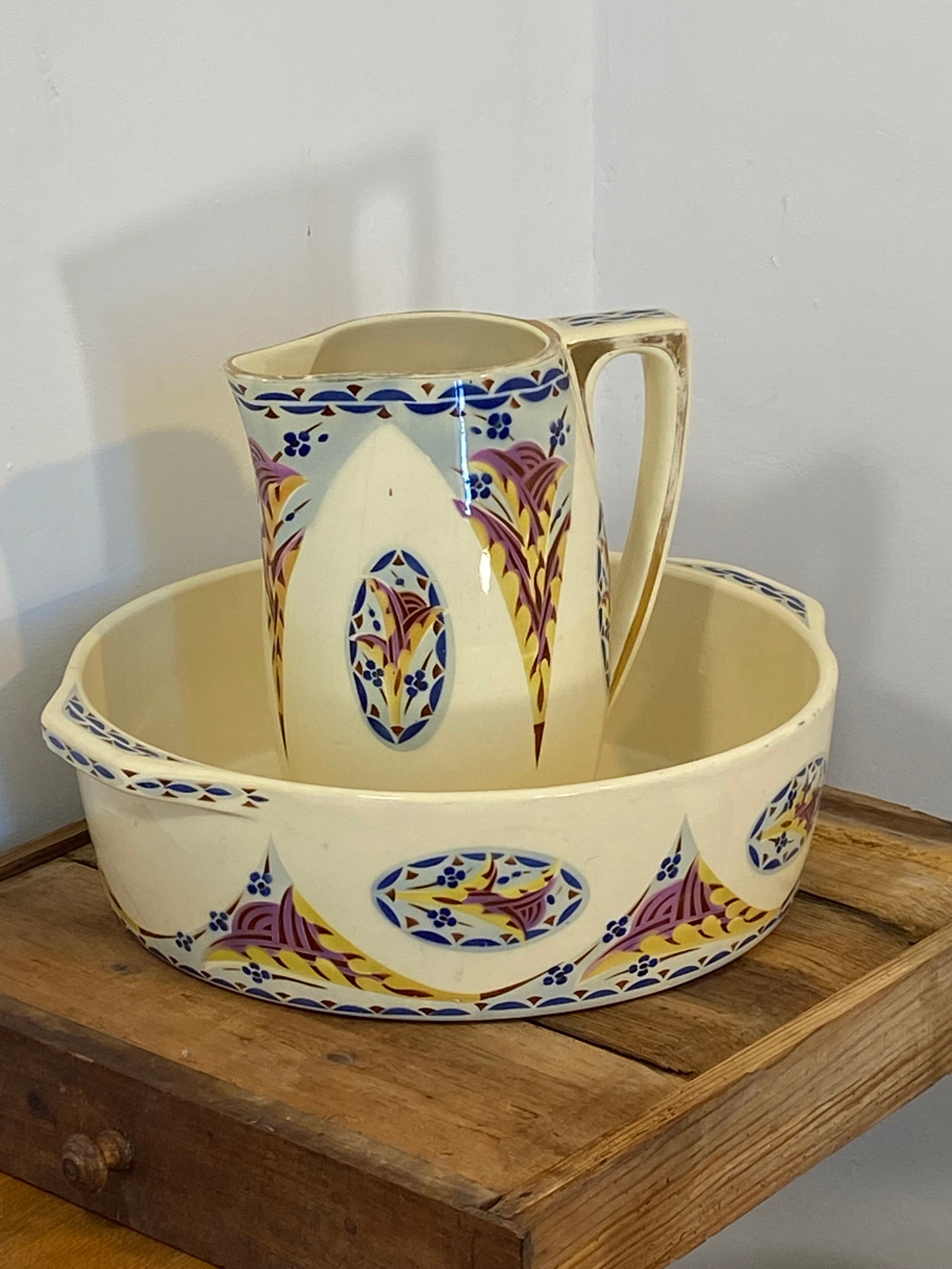 Vintage French Saint-Amand Art Deco Pitcher & Basin – Hand-Painted Floral — photo 2