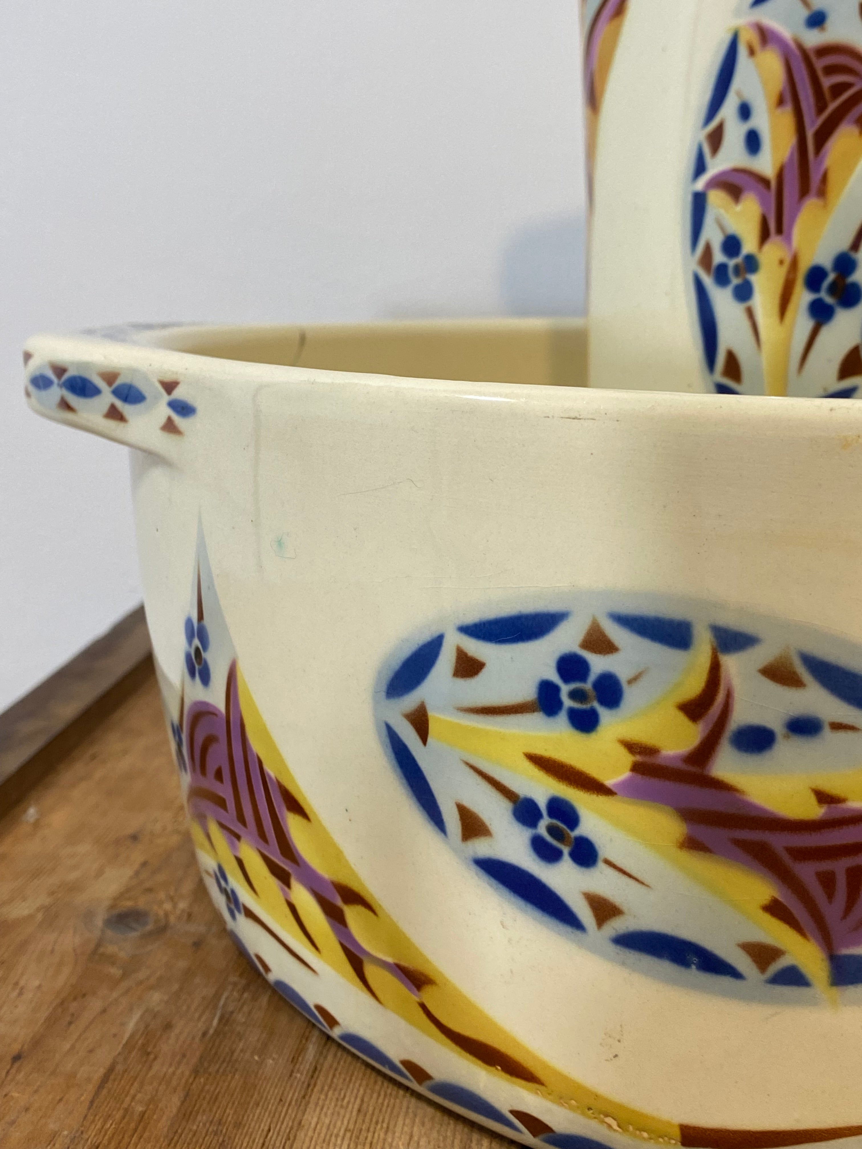 Vintage French Saint-Amand Art Deco Pitcher & Basin – Hand-Painted Floral — photo 3