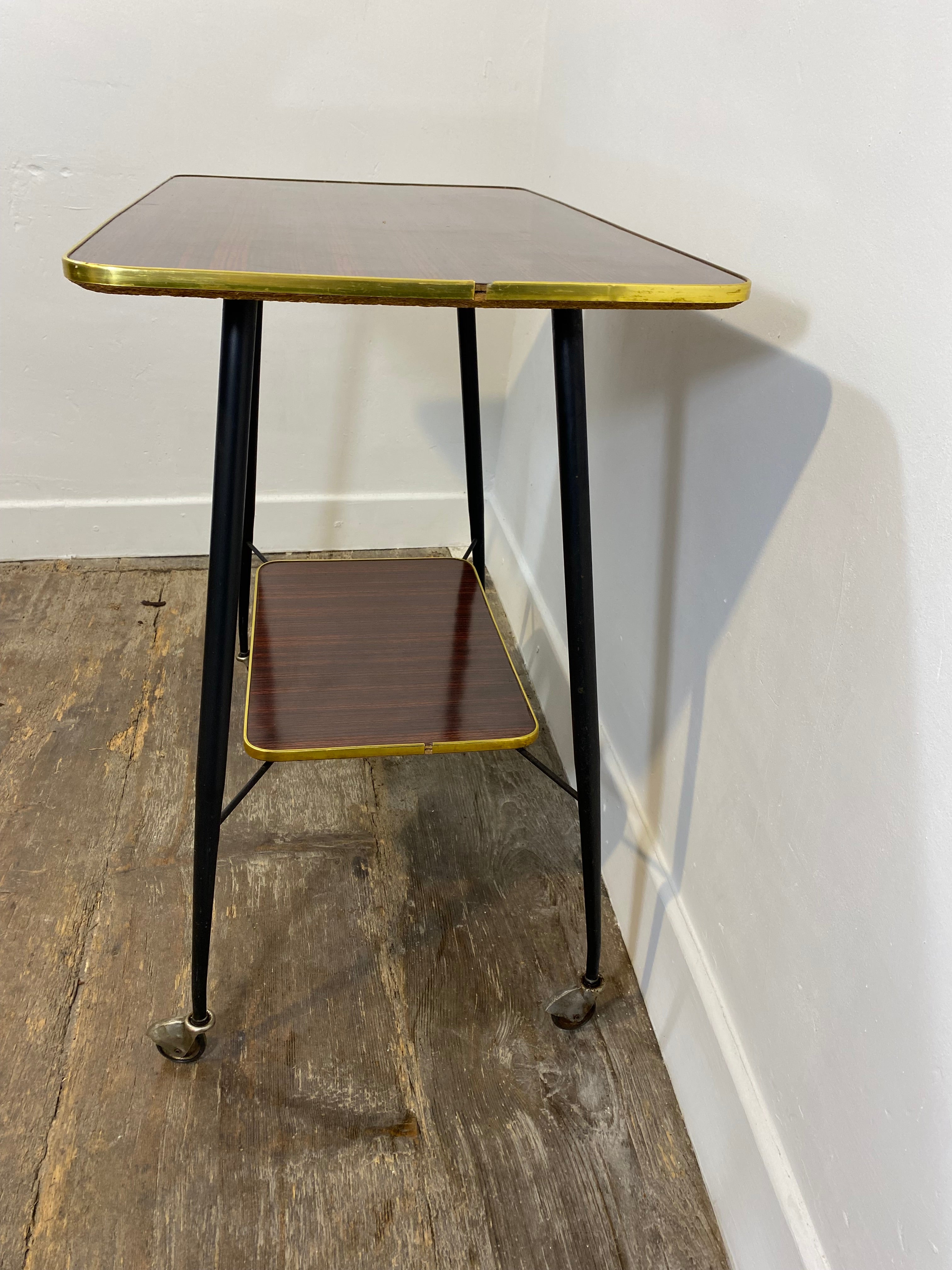 Vintage Mid-Century Modern Side Table – Brass Trim, Casters, 1950s — photo 2