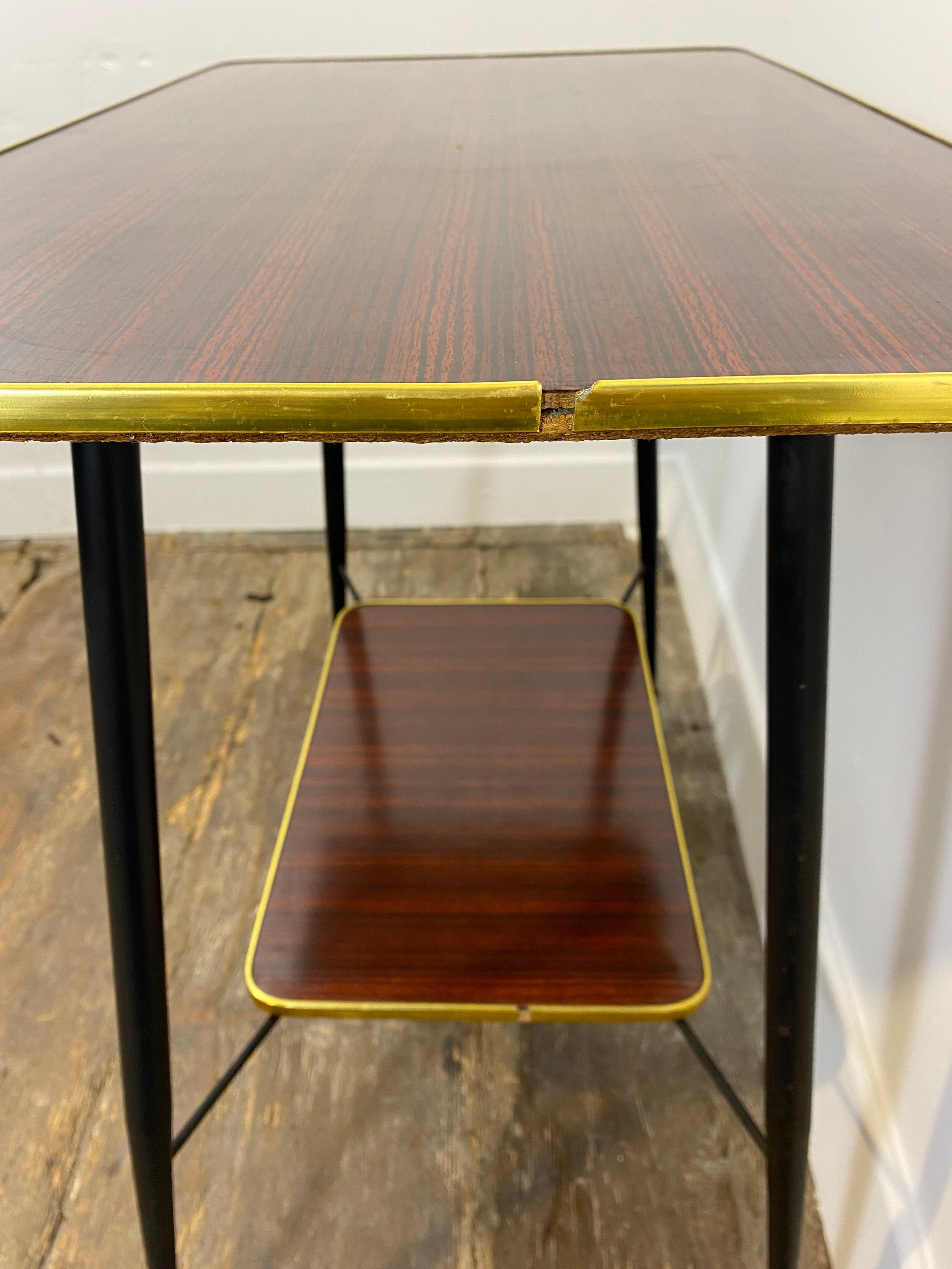 Vintage Mid-Century Modern Side Table – Brass Trim, Casters, 1950s — photo 3