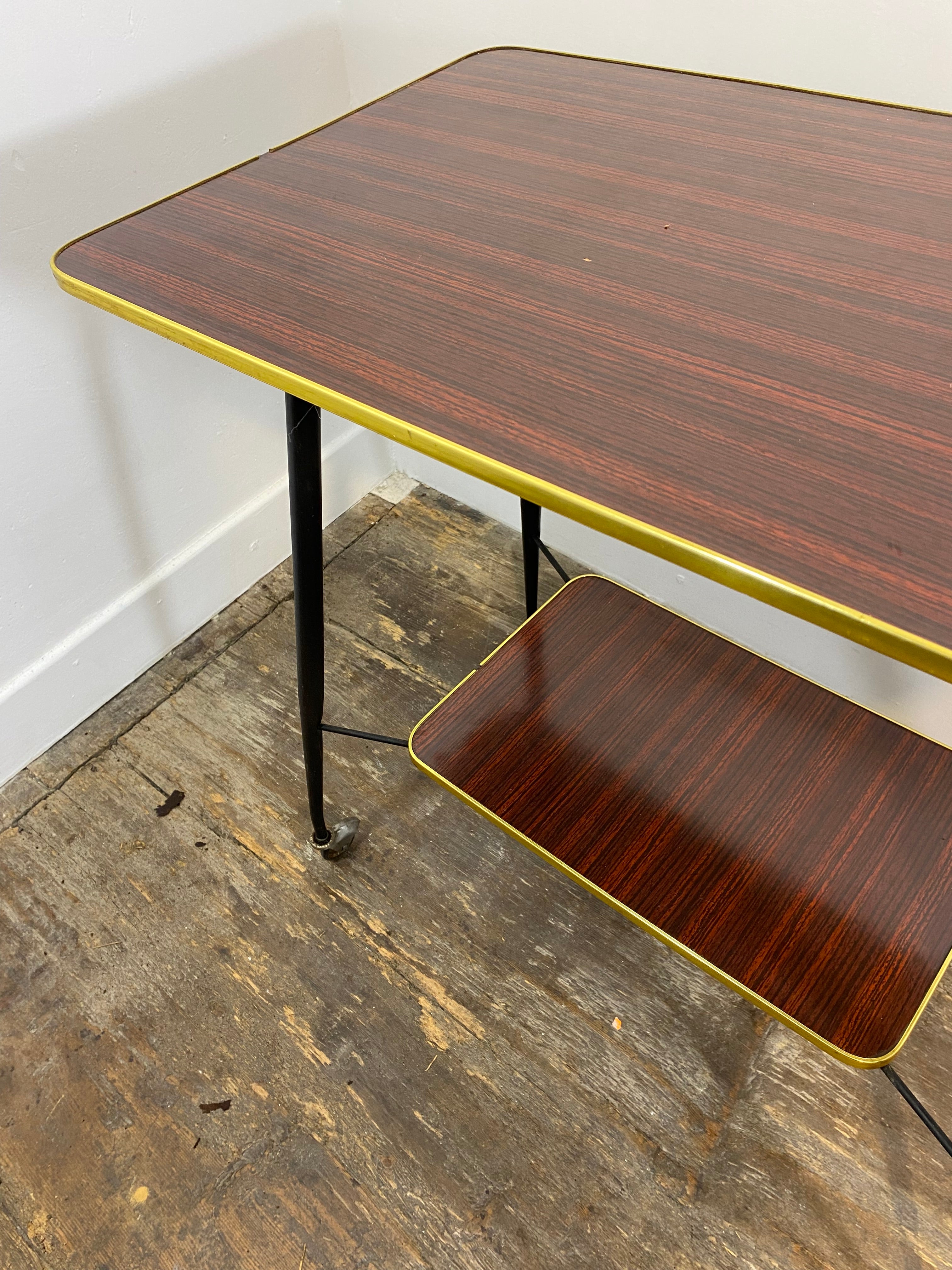 Vintage Mid-Century Modern Side Table – Brass Trim, Casters, 1950s — photo 6