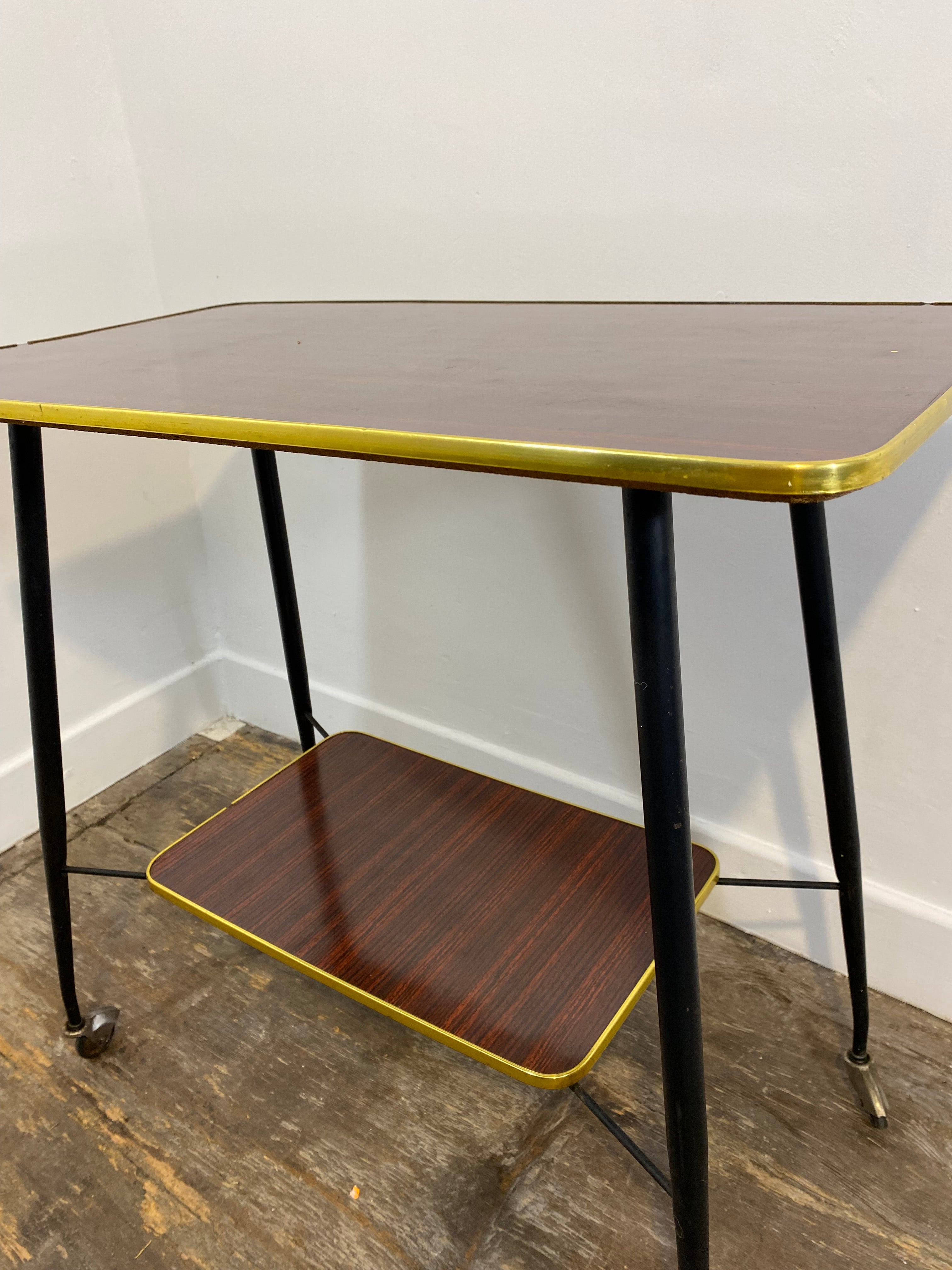 Vintage Mid-Century Modern Side Table – Brass Trim, Casters, 1950s — photo 8