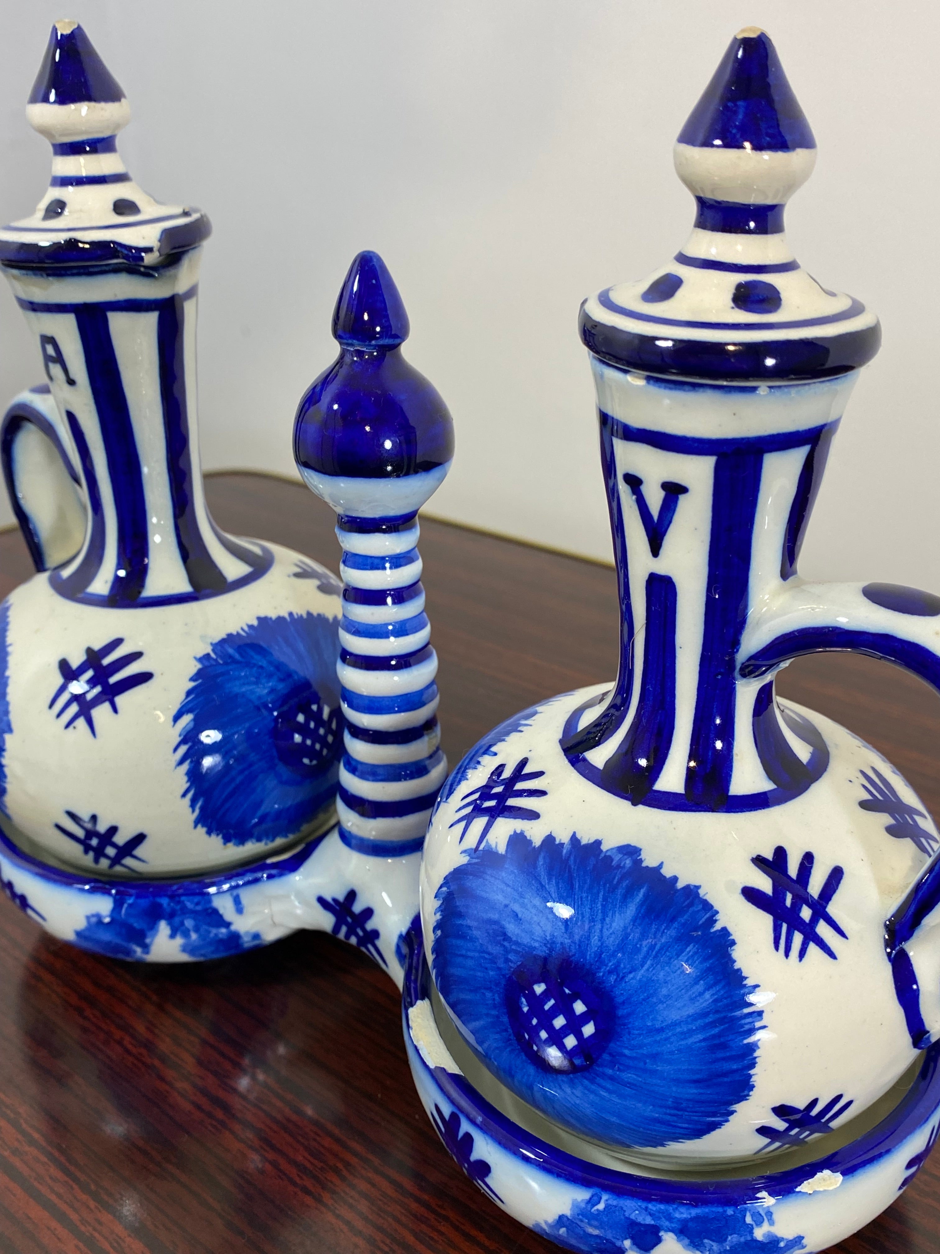 Vintage Hand-Painted Blue & White Ceramic Oil & Vinegar Cruet Set – Folk Art — photo 2