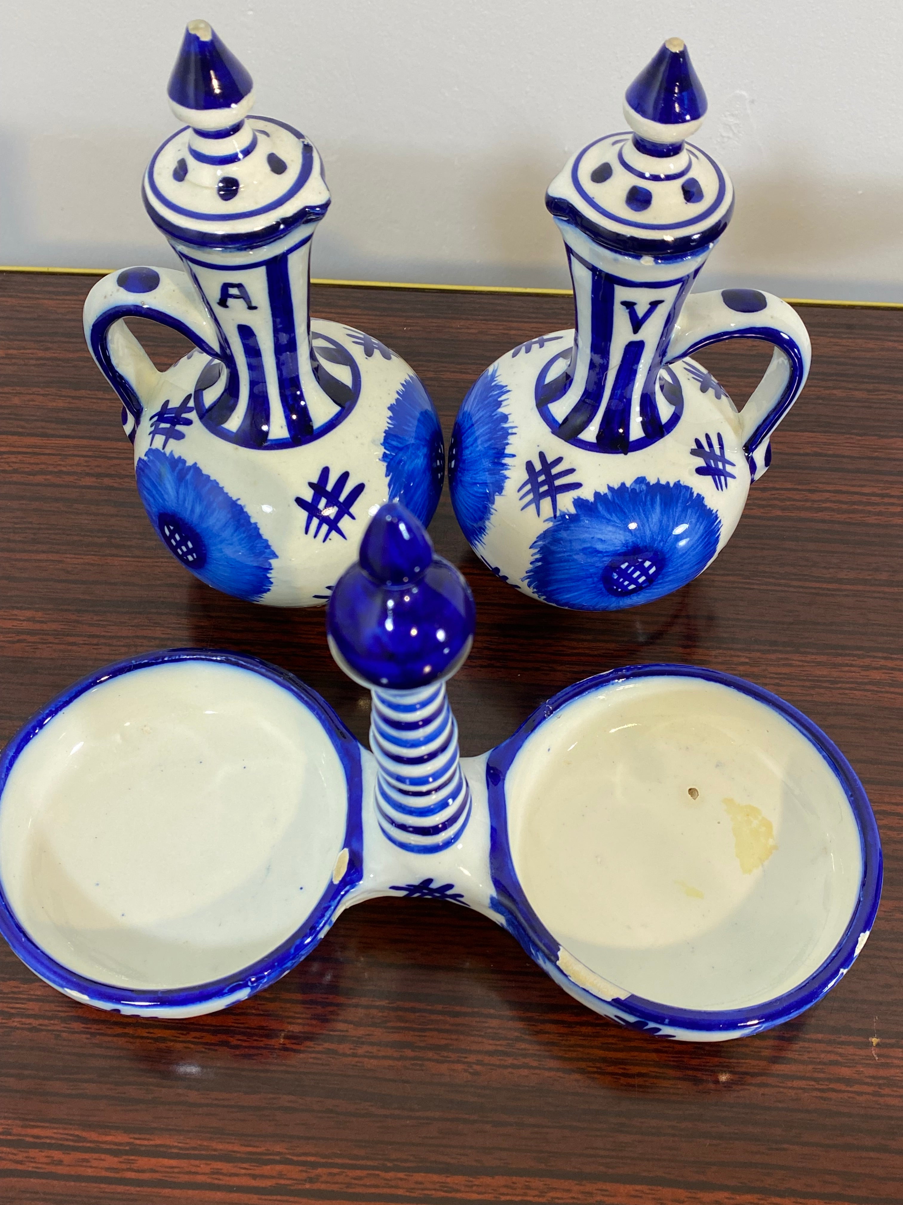 Vintage Hand-Painted Blue & White Ceramic Oil & Vinegar Cruet Set – Folk Art — photo 3