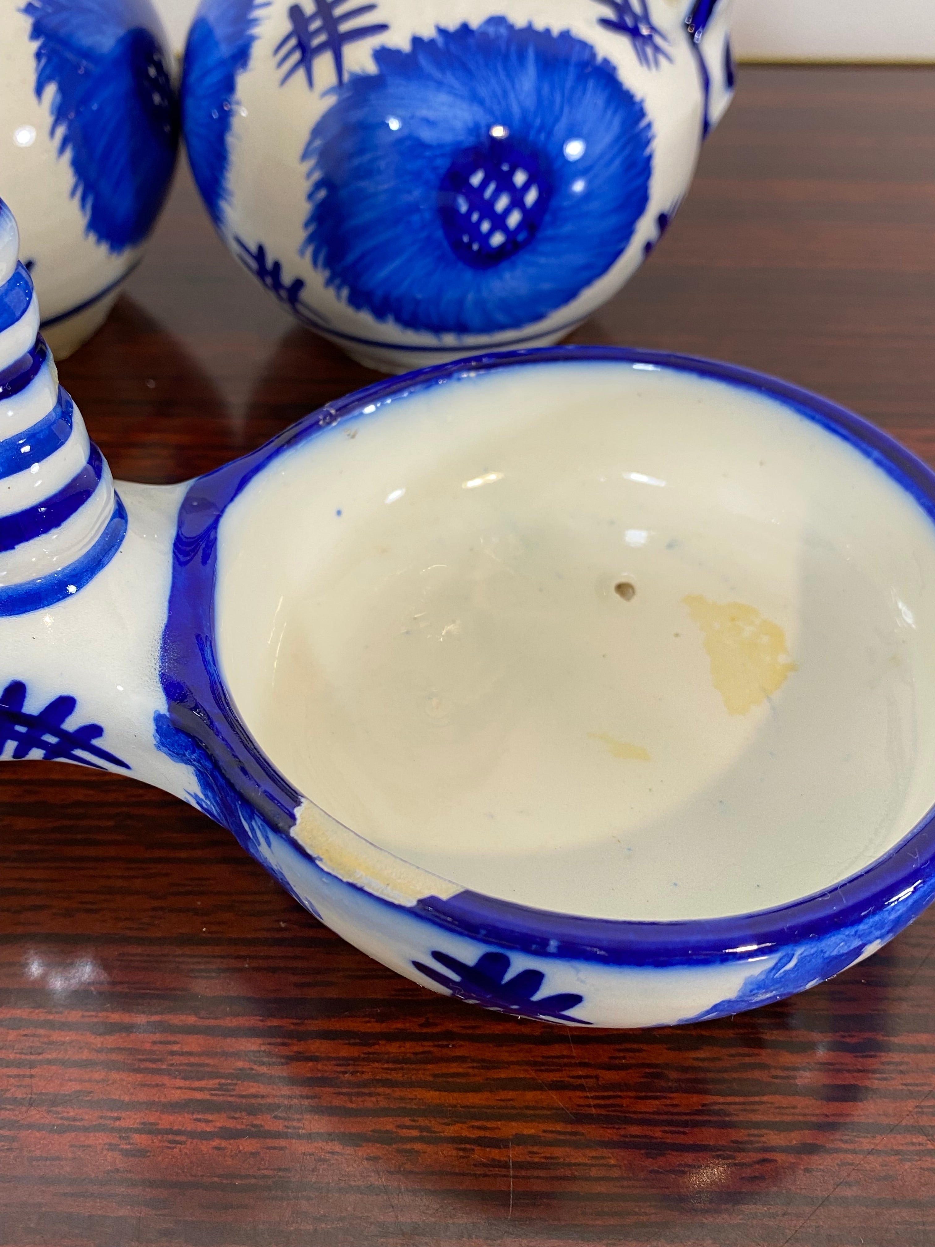 Vintage Hand-Painted Blue & White Ceramic Oil & Vinegar Cruet Set – Folk Art — photo 4
