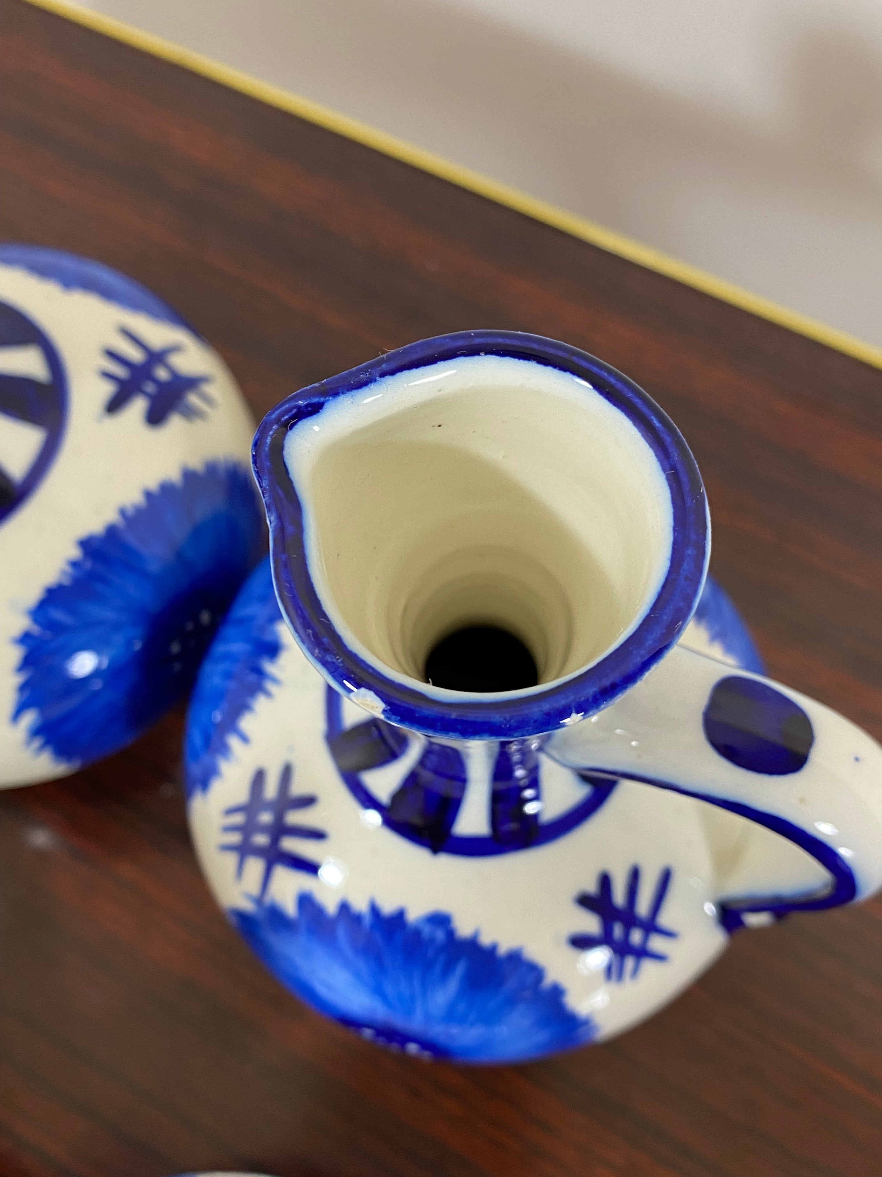 Vintage Hand-Painted Blue & White Ceramic Oil & Vinegar Cruet Set – Folk Art — photo 7