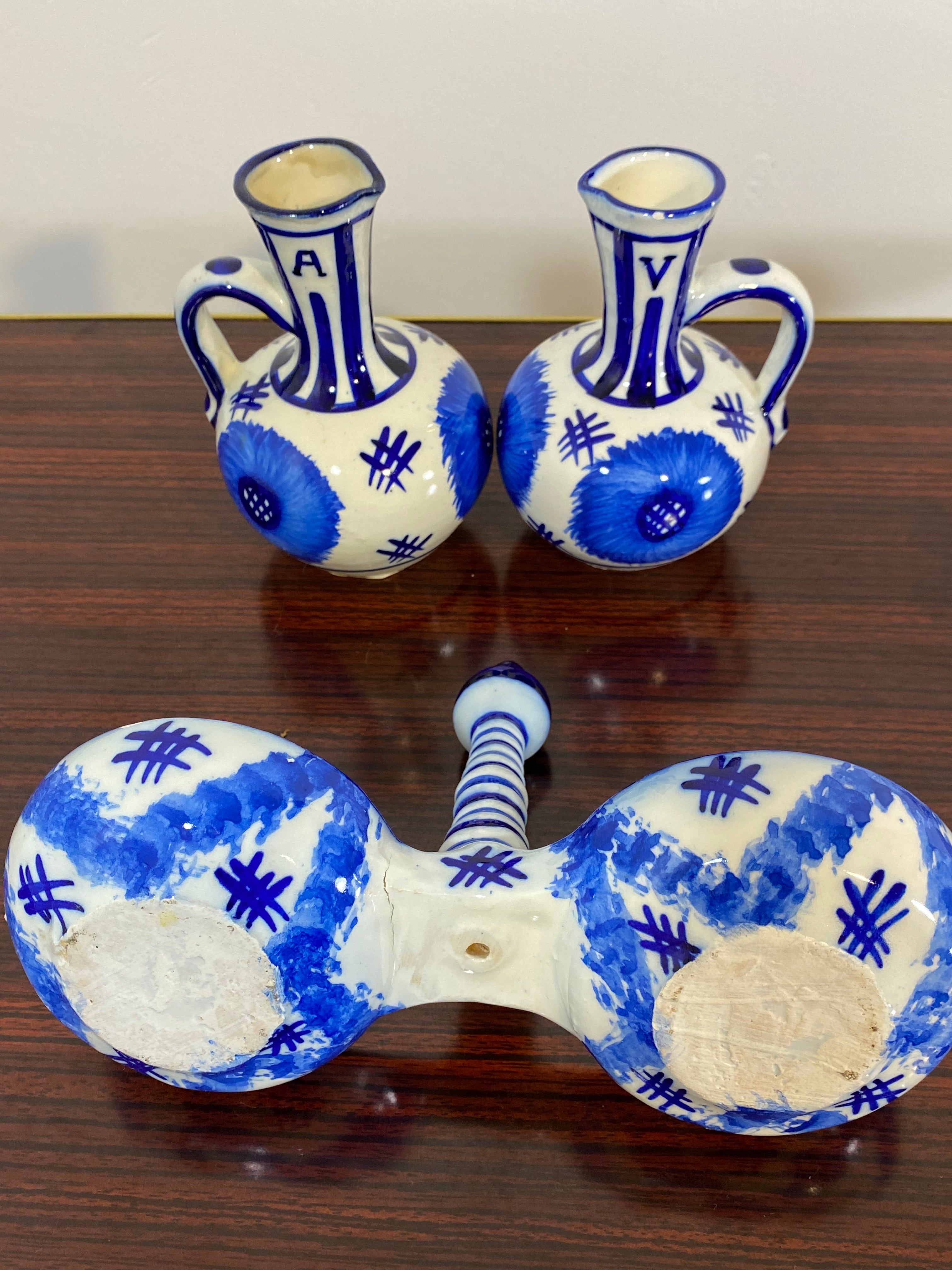 Vintage Hand-Painted Blue & White Ceramic Oil & Vinegar Cruet Set – Folk Art — photo 8