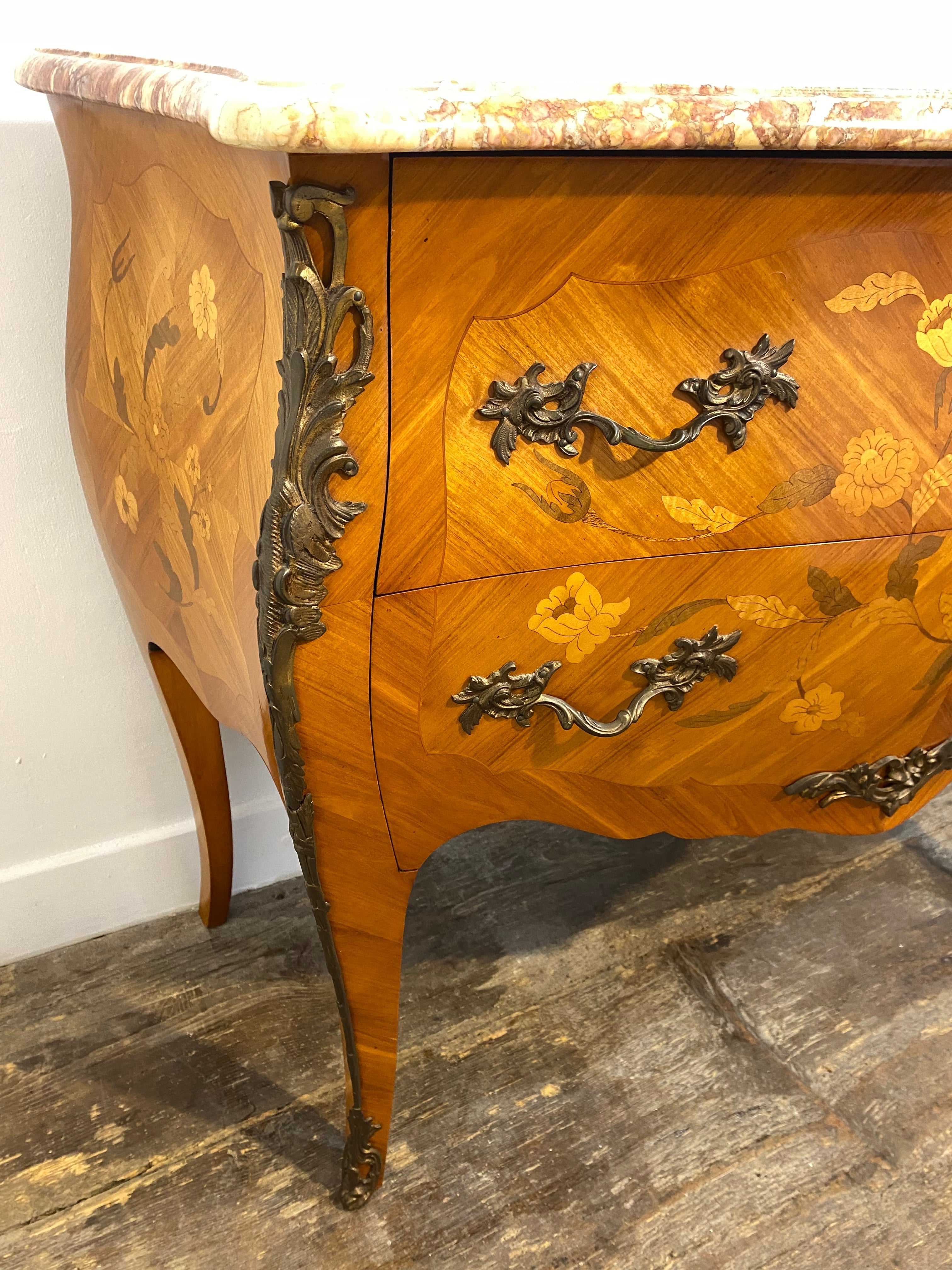 Antique French Louis XV Commode – Marble Top, Brass Ormolu, Marquetry — photo 4