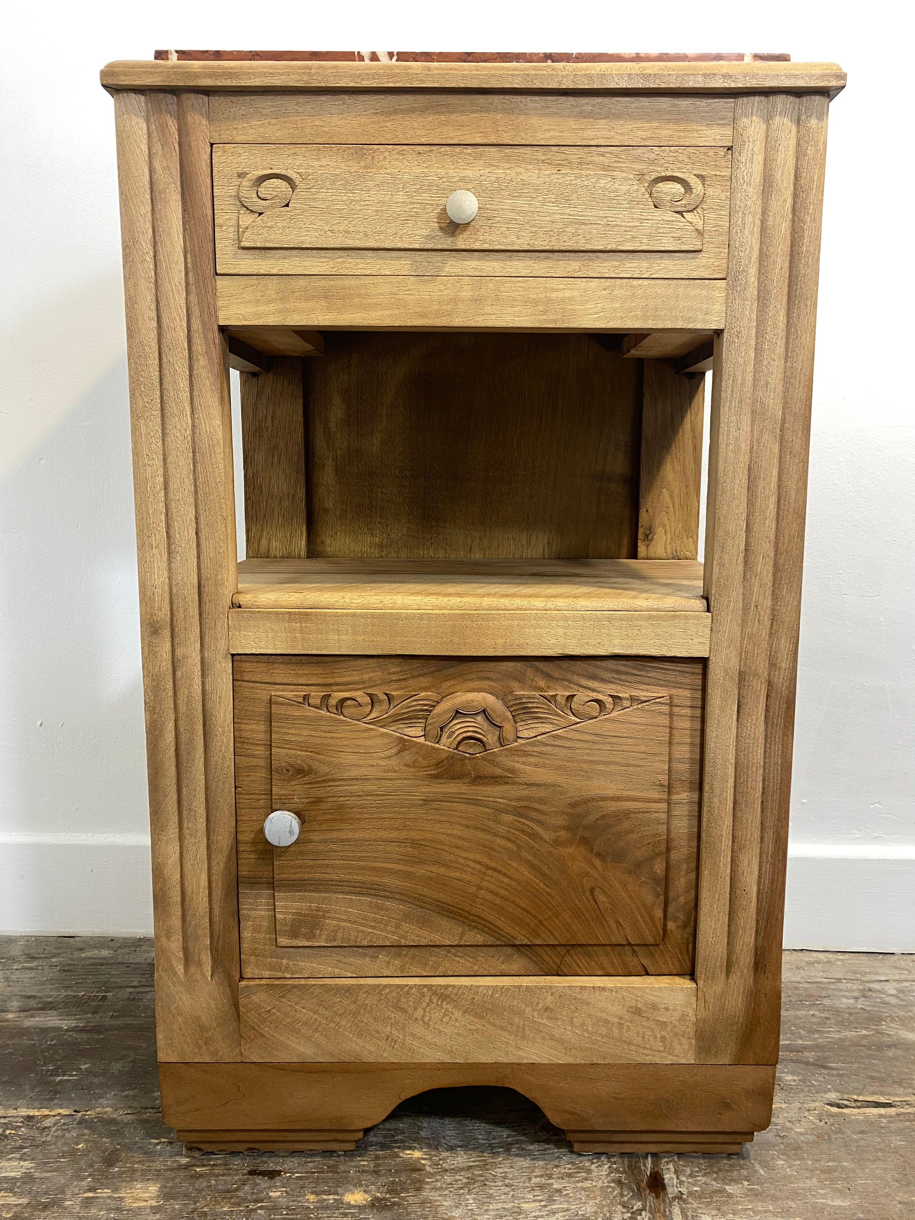 Antique Provincial Walnut Bedside Cabinet with Red Marble Top