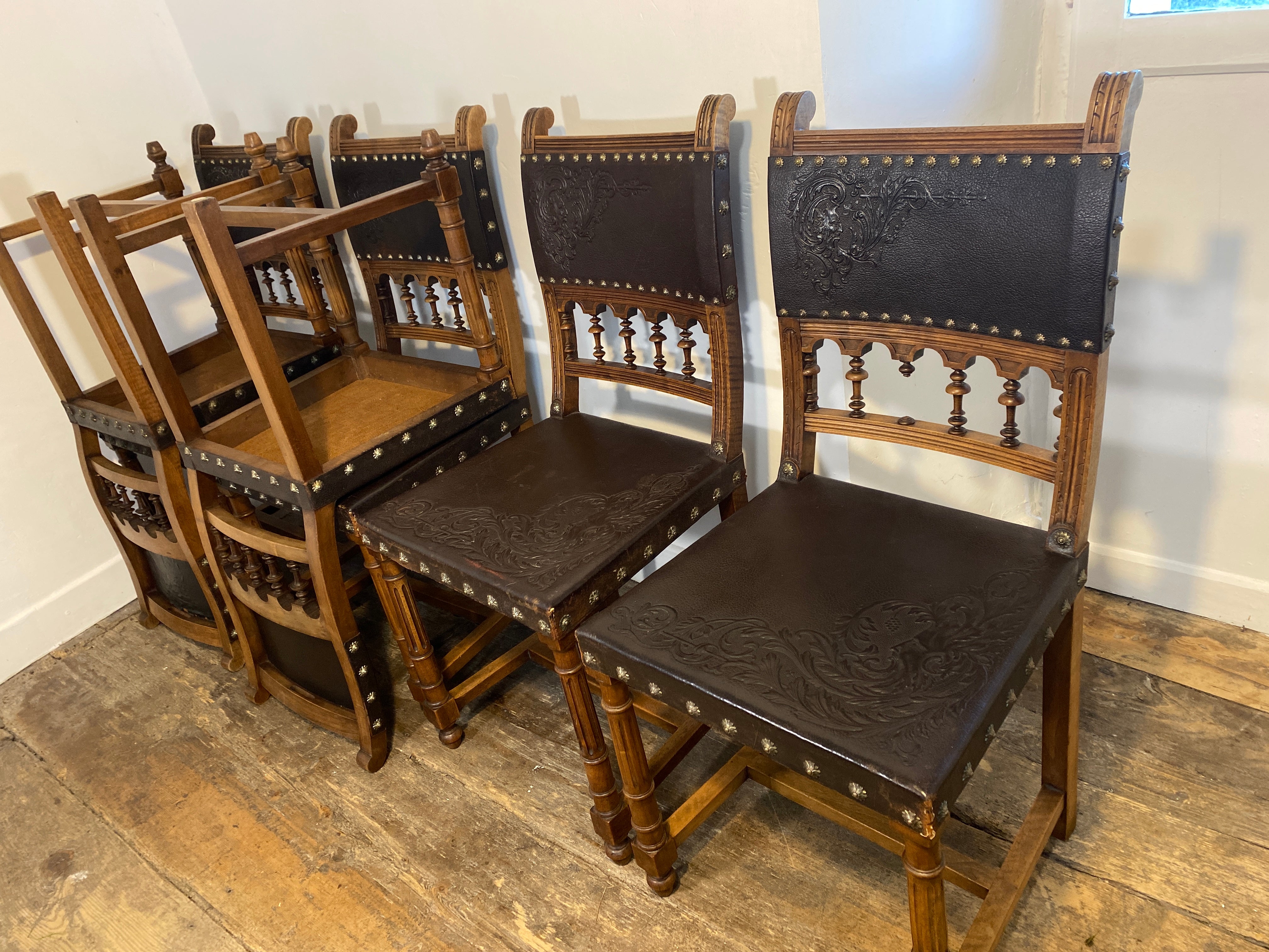 Set of 6 Antique Renaissance Revival Dining Chairs – Embossed Leather — photo 5