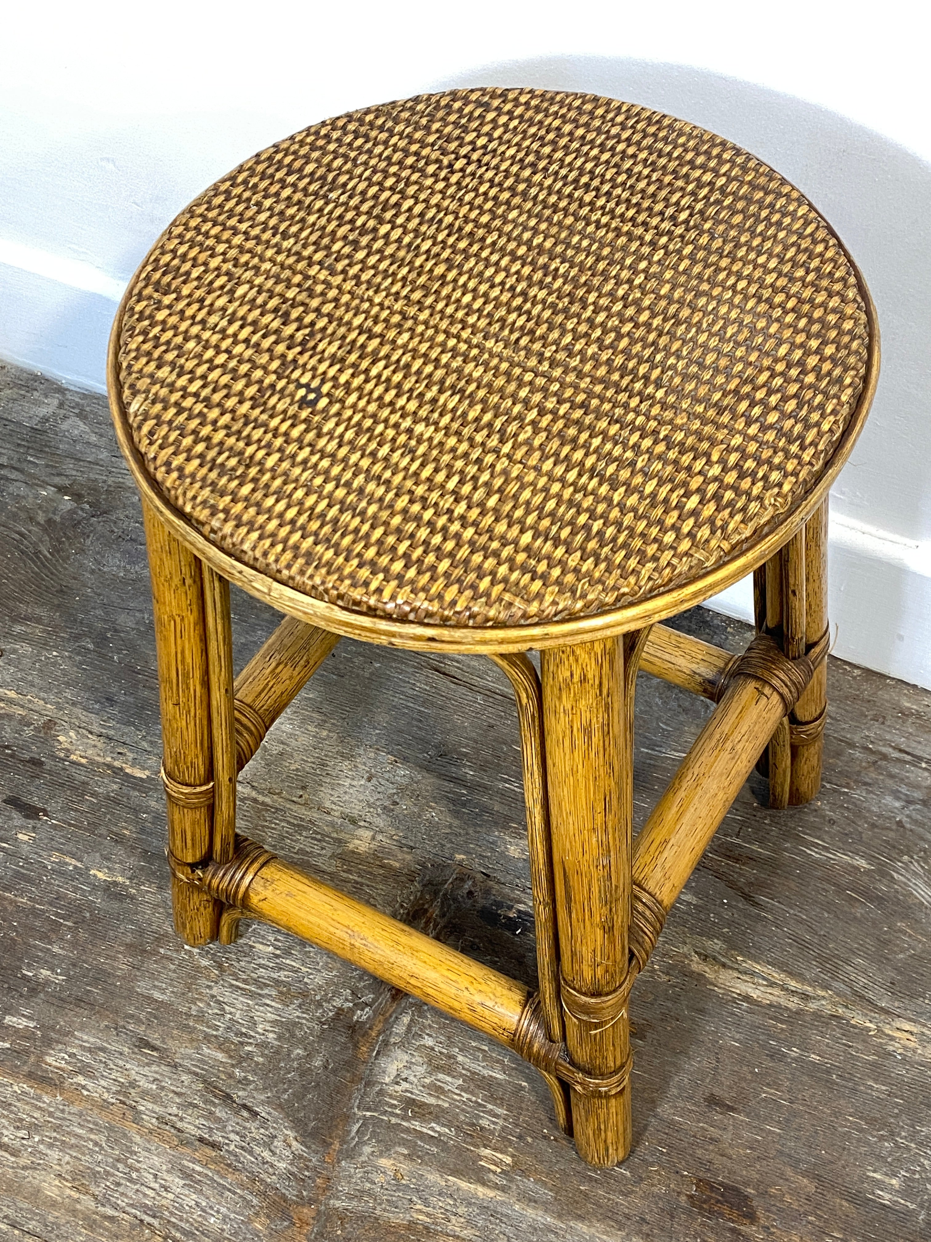 Vintage Rattan & Cane Stool – Mid-Century Coastal Style