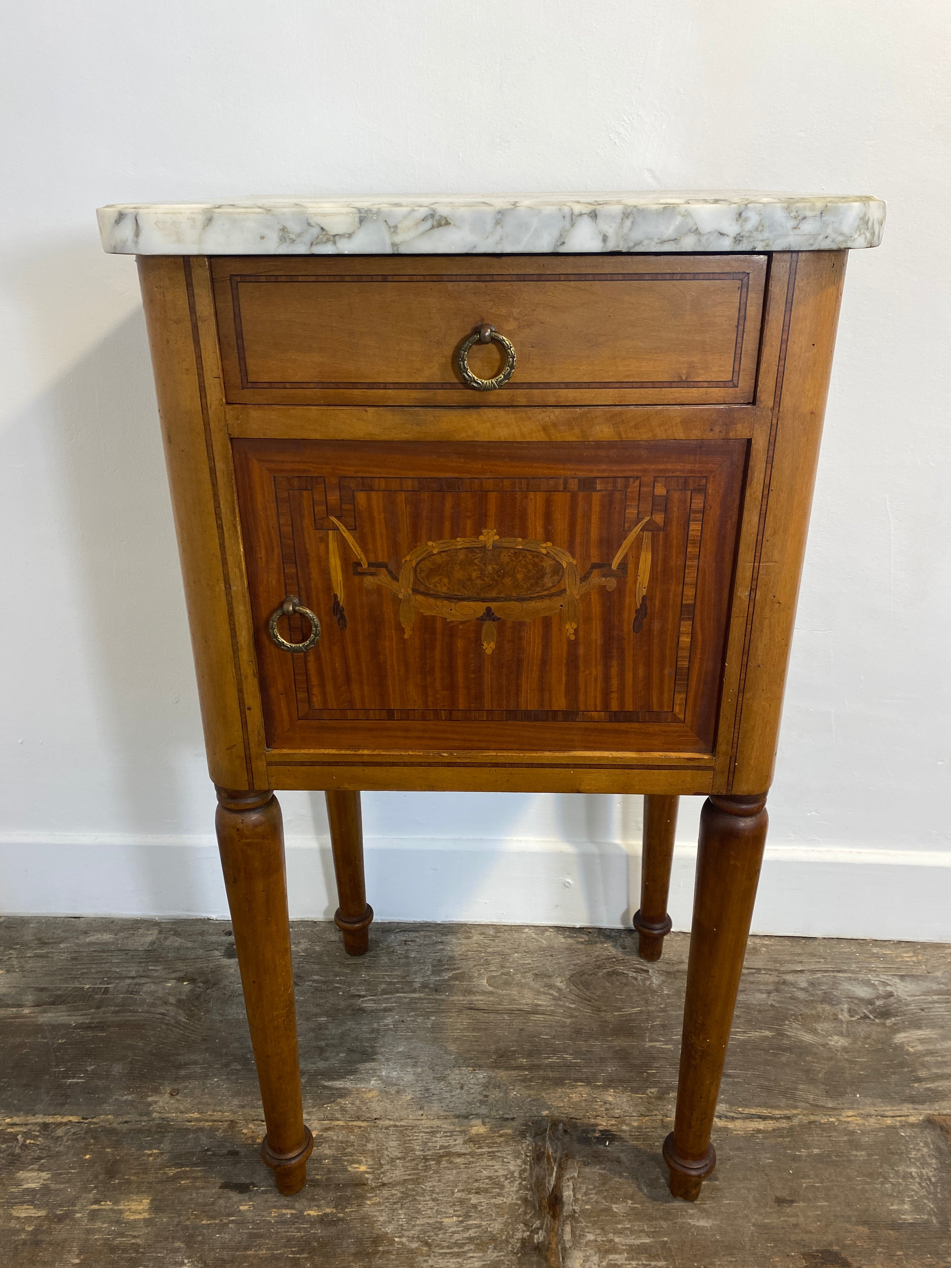 Antique Louis XVI-Style Marble-Top Nightstand with Marquetry — photo 2