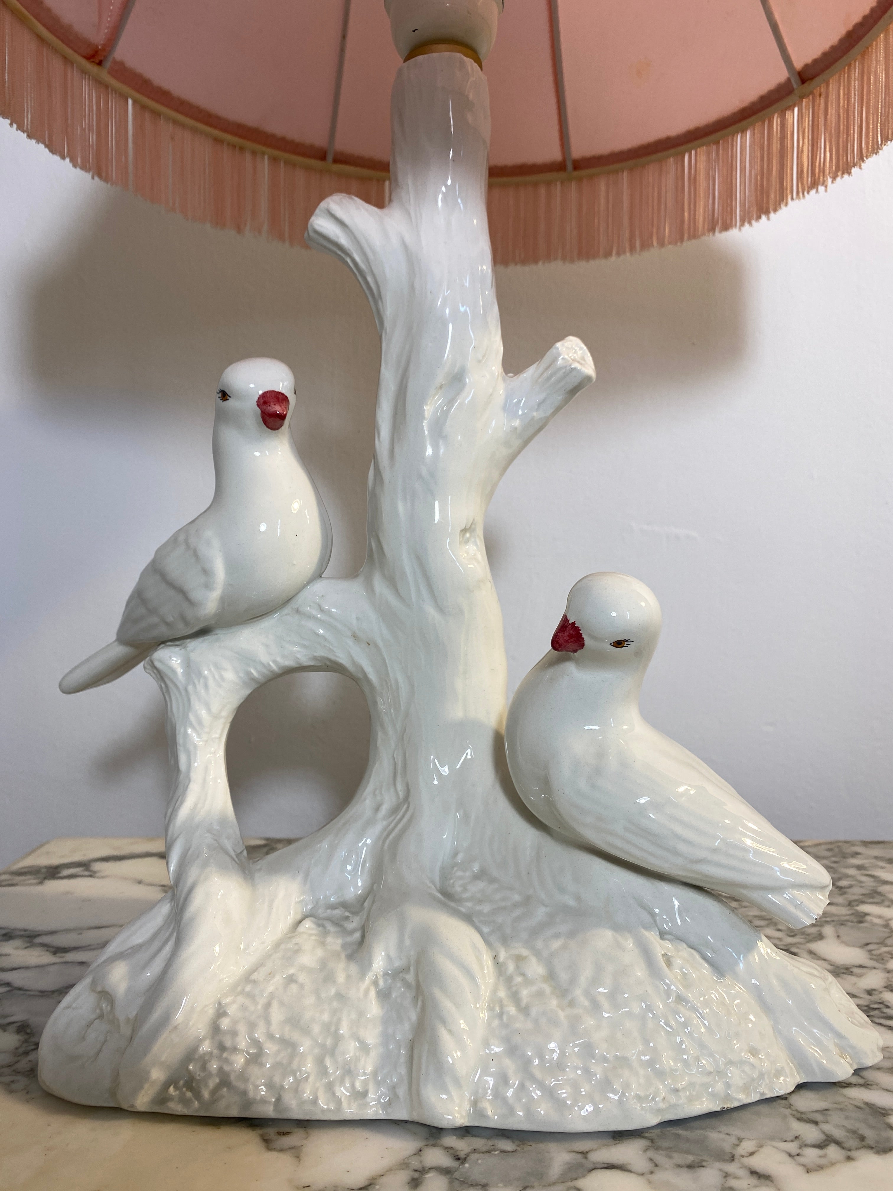 Vintage French Ceramic Table Lamp – Birds, Pink Satin Shade, 1950s — photo 9