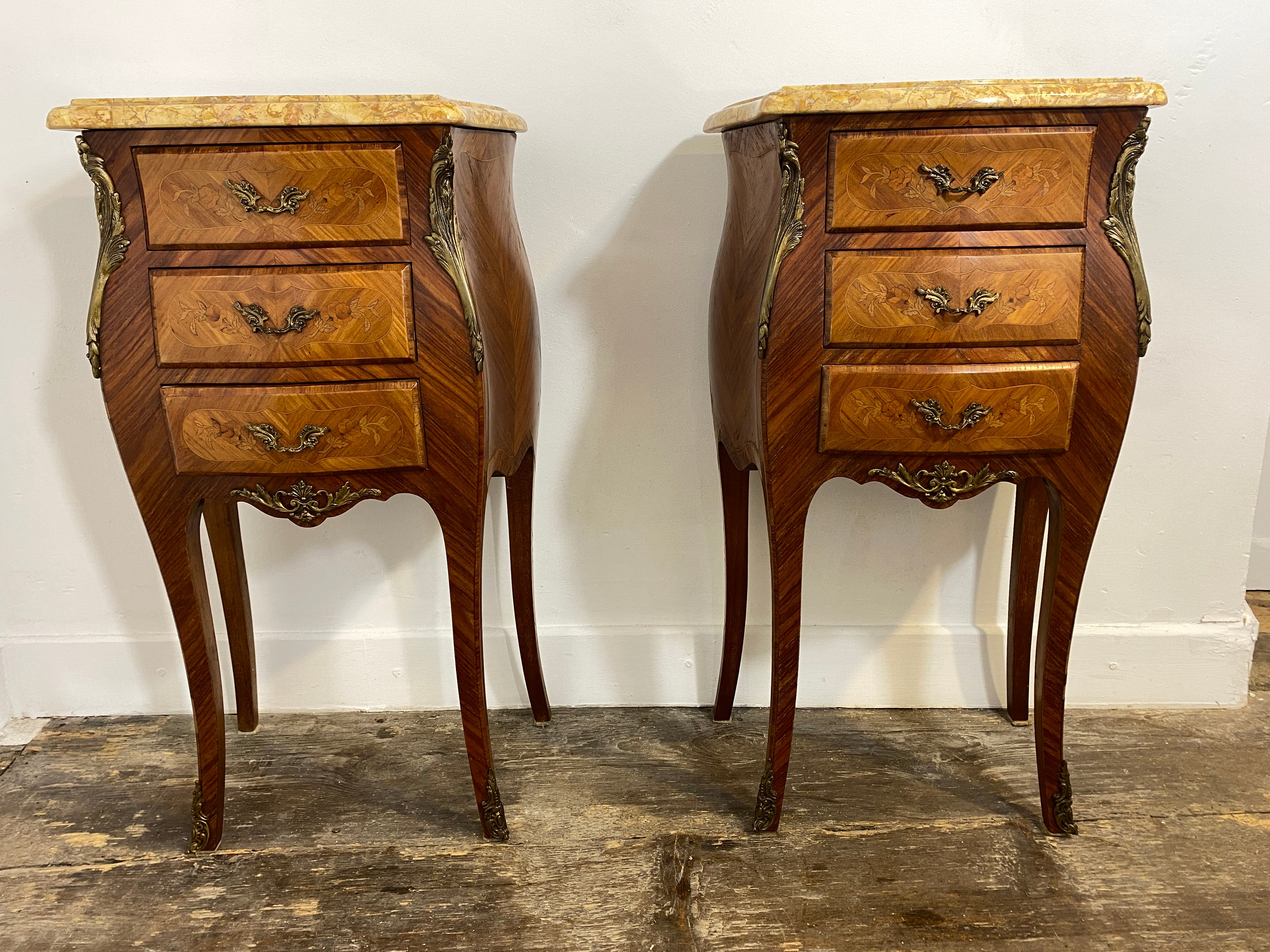 Pair of Louis XV-Style Bedside Cabinets with Marble Tops – Mid-20th Century