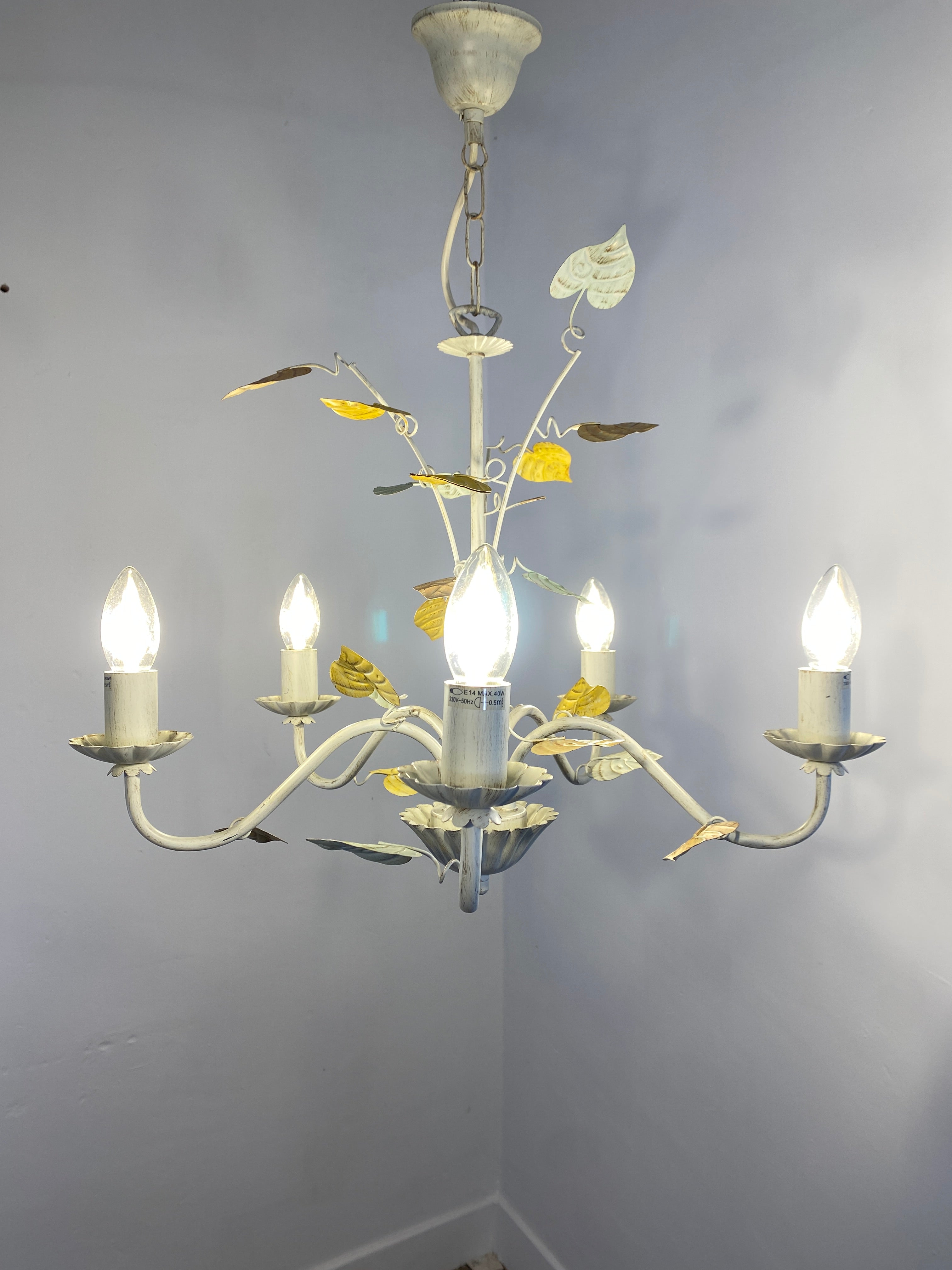 Vintage French Toleware Chandelier 5-Light Floral Leaf Shabby Chic Lighting