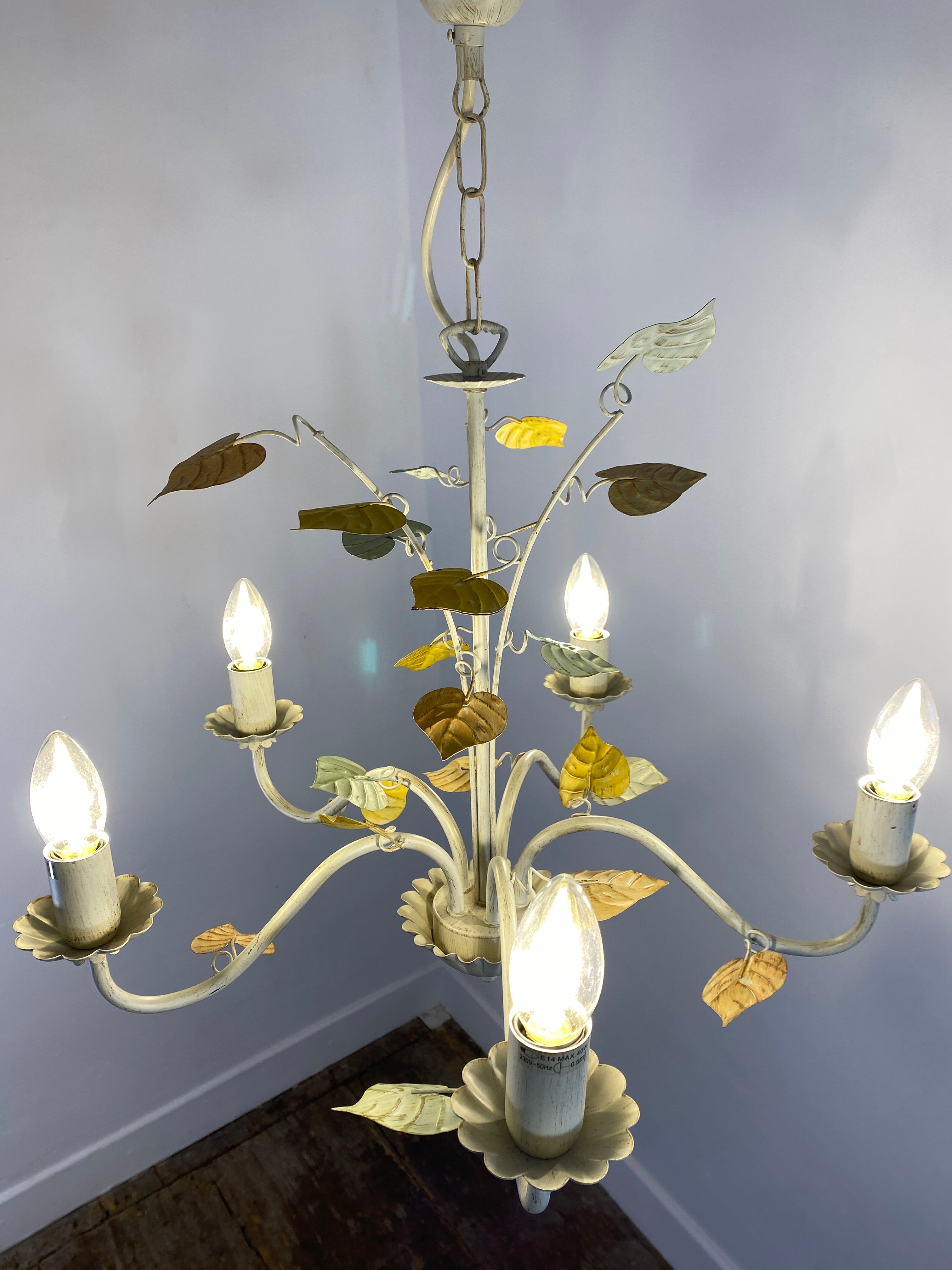 Vintage French Toleware Chandelier 5-Light Floral Leaf Shabby Chic Lighting — photo 4