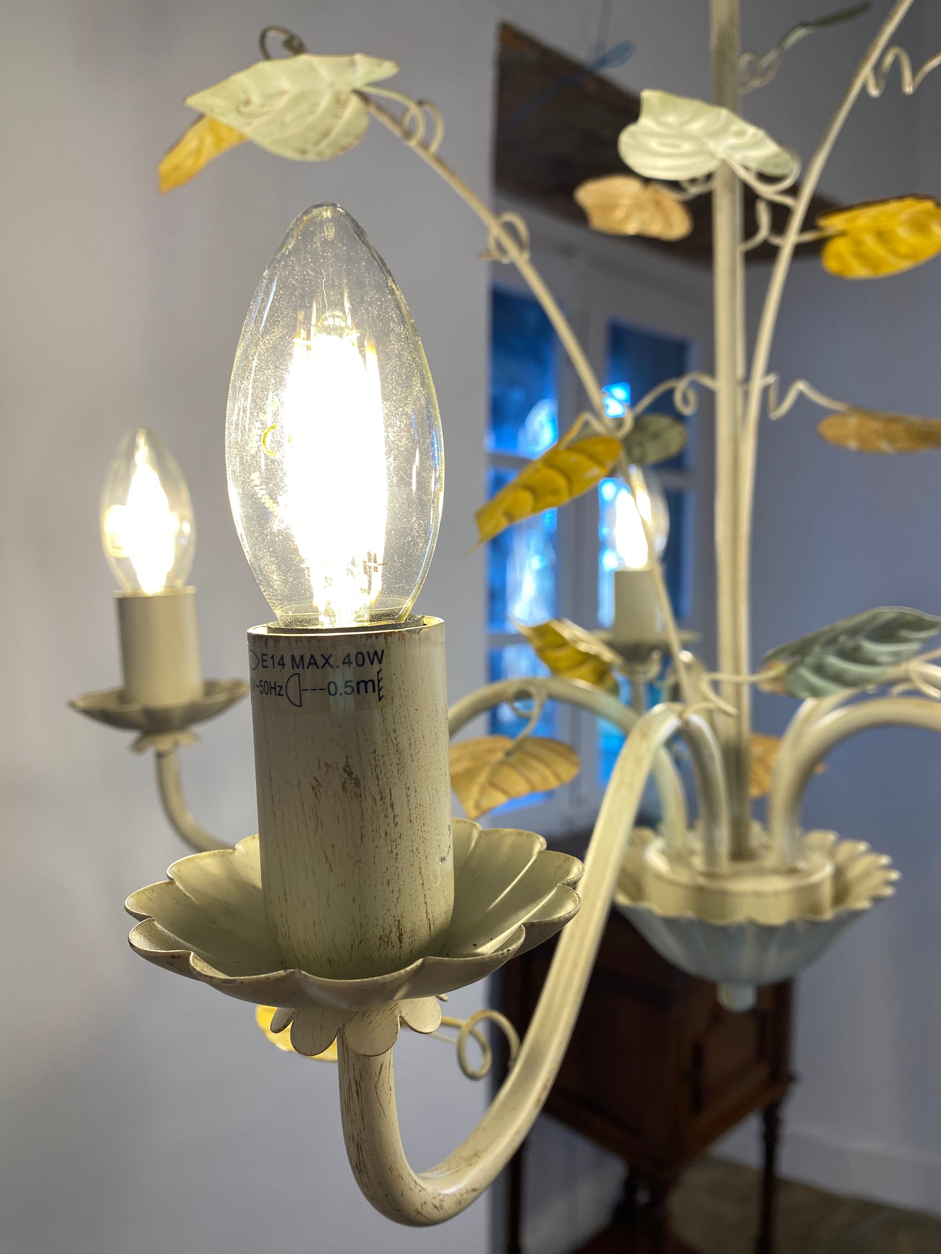 Vintage French Toleware Chandelier 5-Light Floral Leaf Shabby Chic Lighting — photo 6