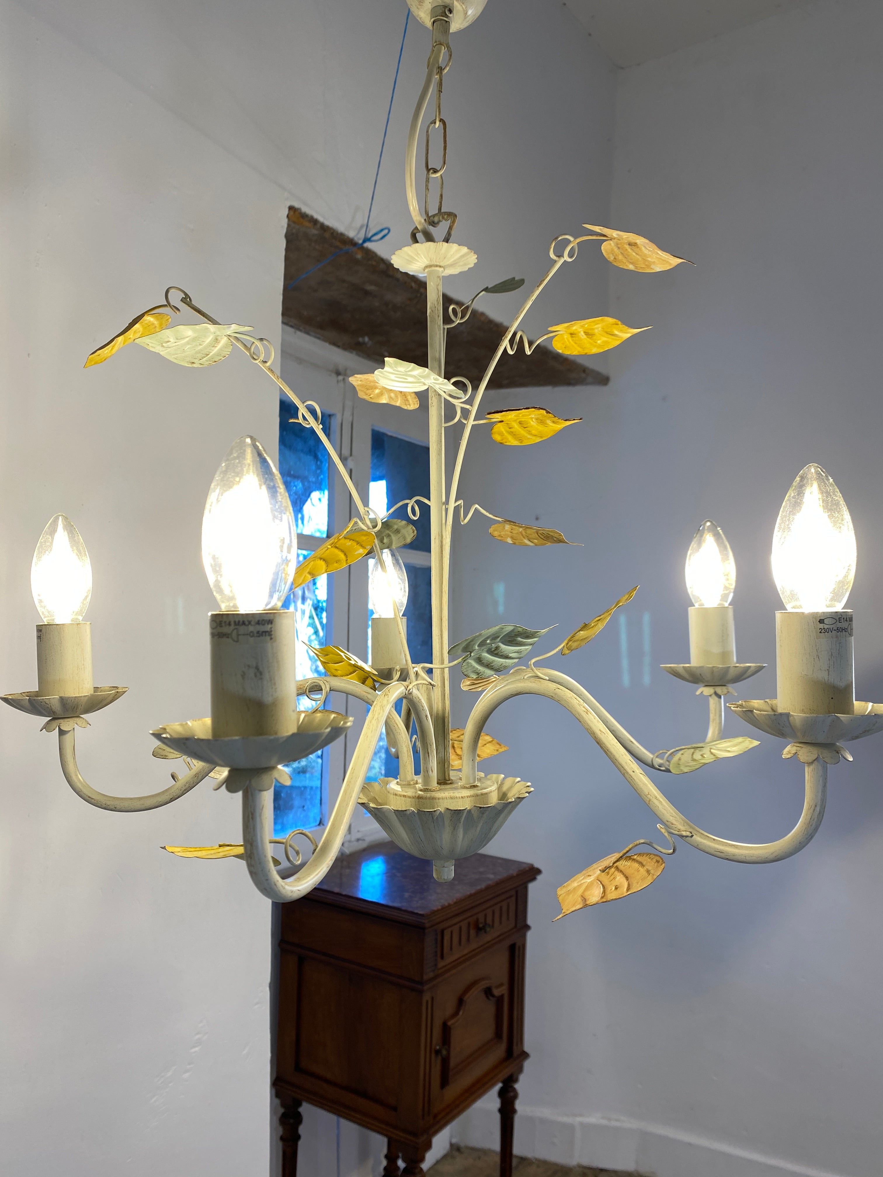 Vintage French Toleware Chandelier 5-Light Floral Leaf Shabby Chic Lighting — photo 7
