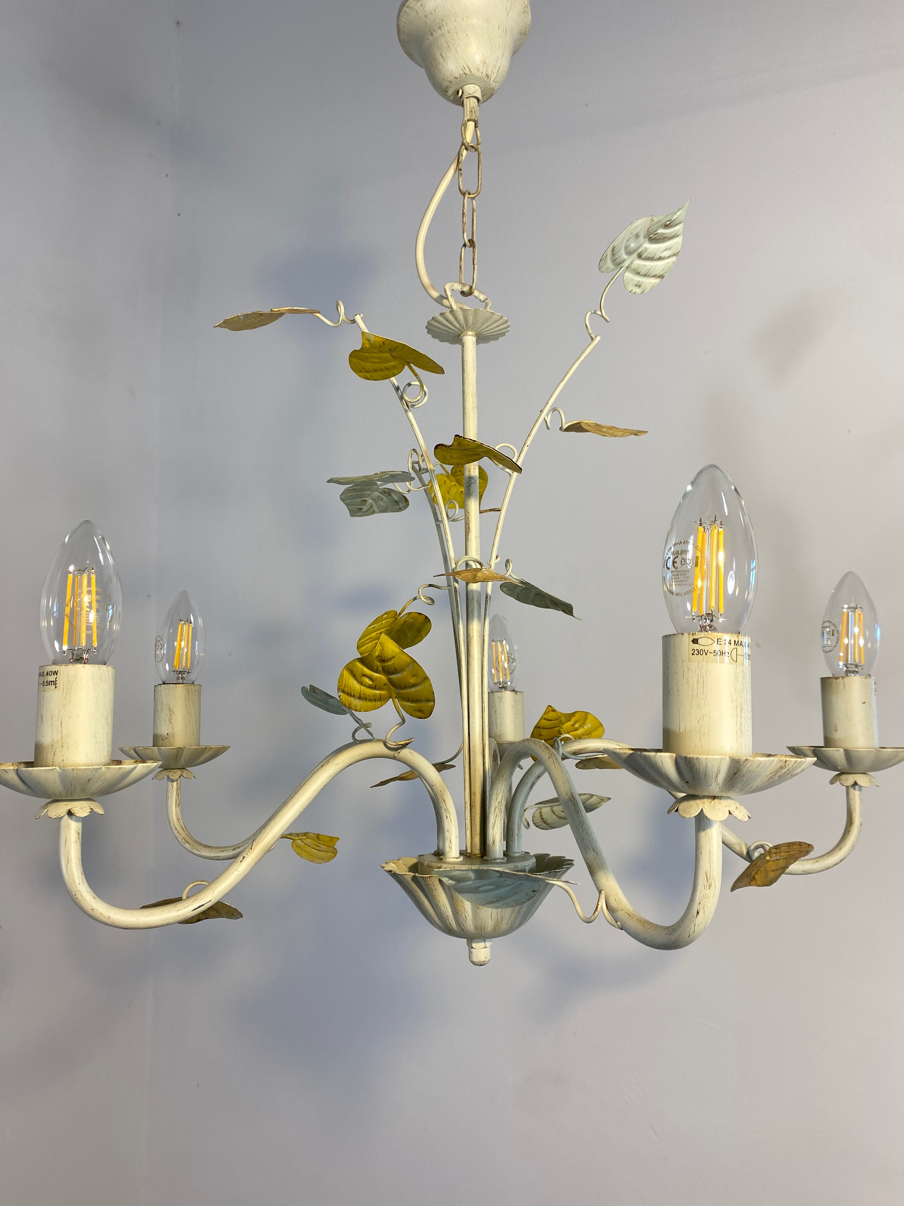 Vintage French Toleware Chandelier 5-Light Floral Leaf Shabby Chic Lighting — photo 13