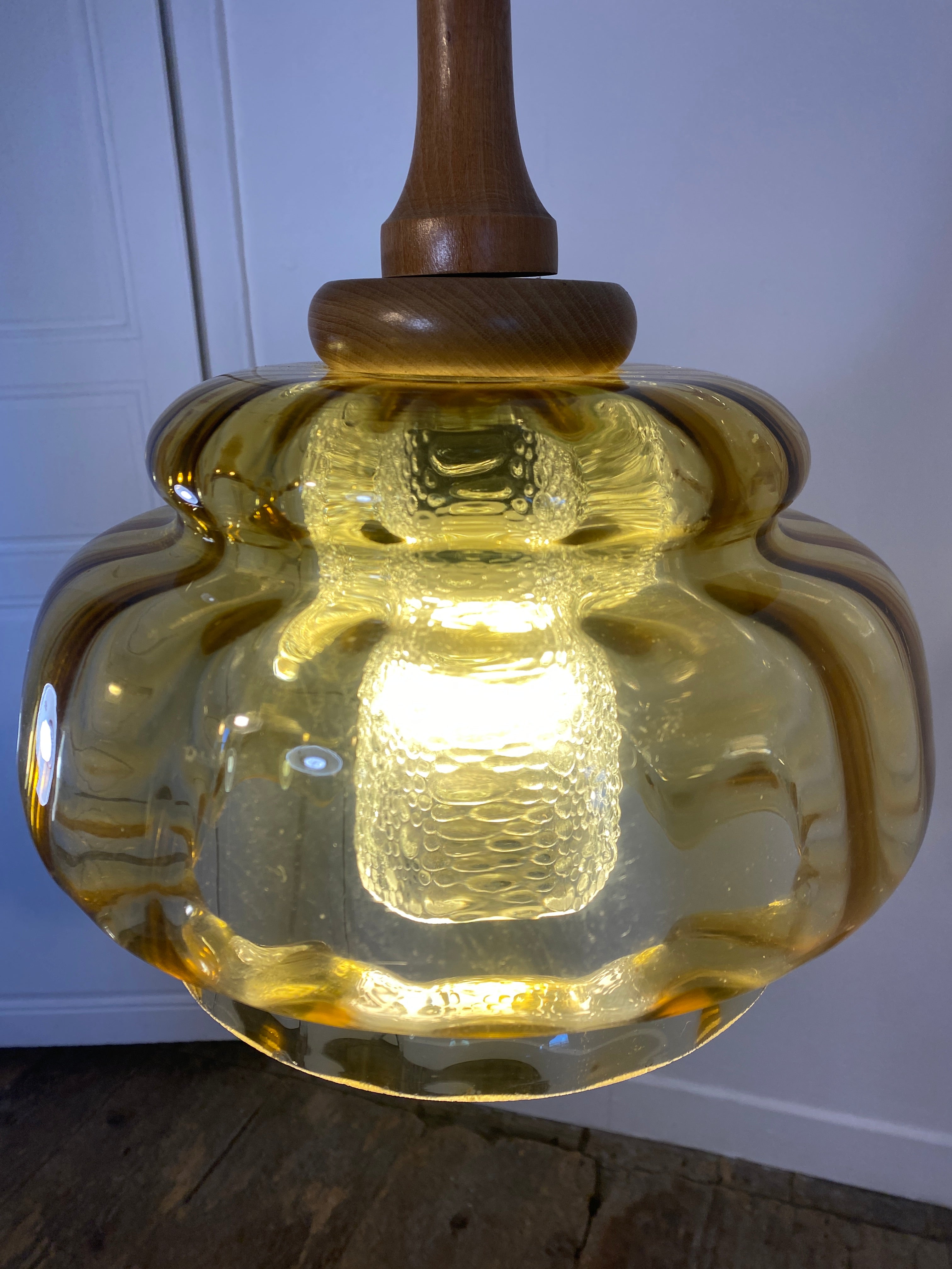 Vintage French Mid-Century Amber Glass Pendant Light/ Retro Ceiling Lamp — photo 5