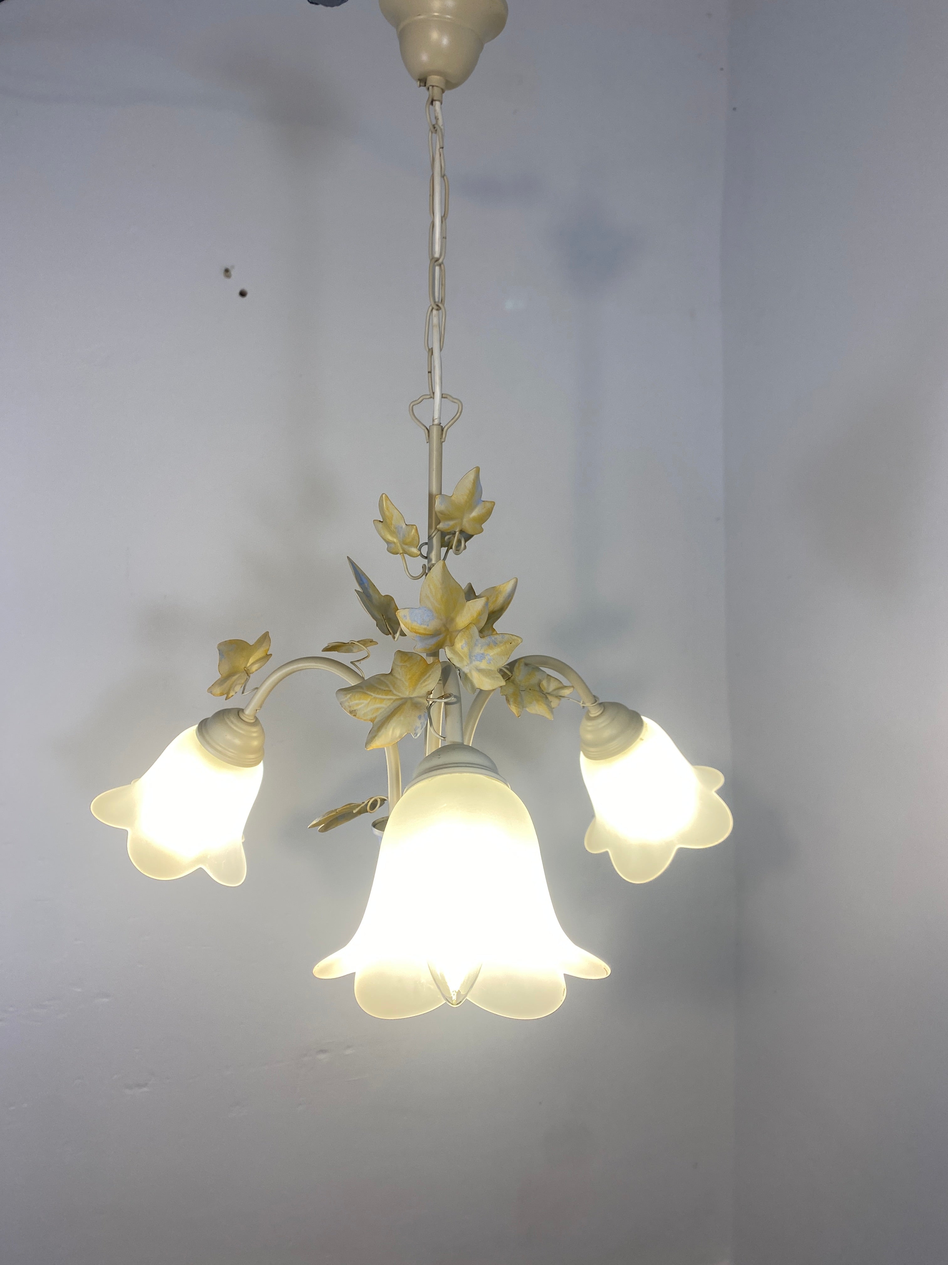 Vintage French Toleware Chandelier Frosted Glass Floral Ivy Shabby Chic 3-Light — photo 3