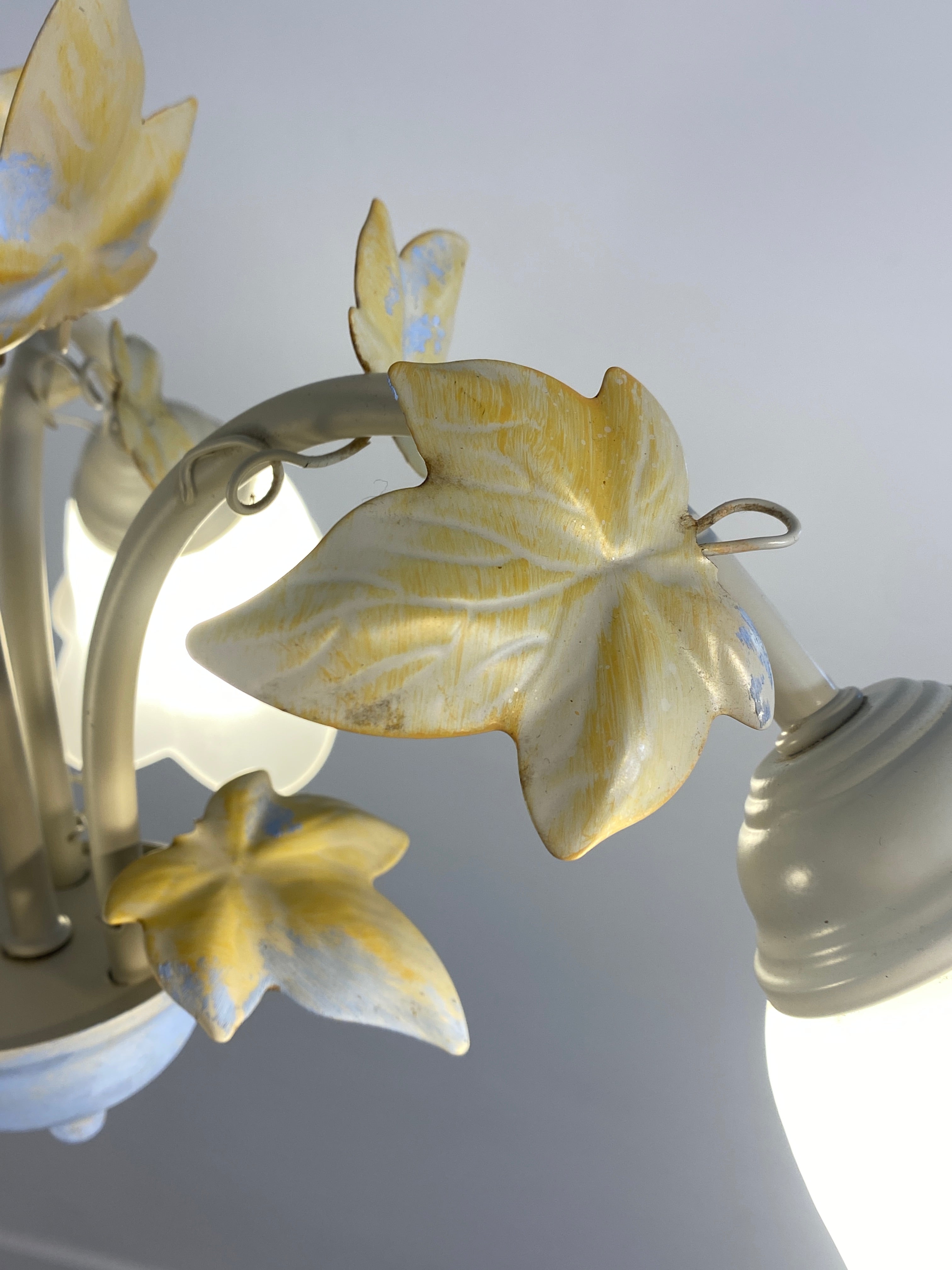 Vintage French Toleware Chandelier Frosted Glass Floral Ivy Shabby Chic 3-Light — photo 6