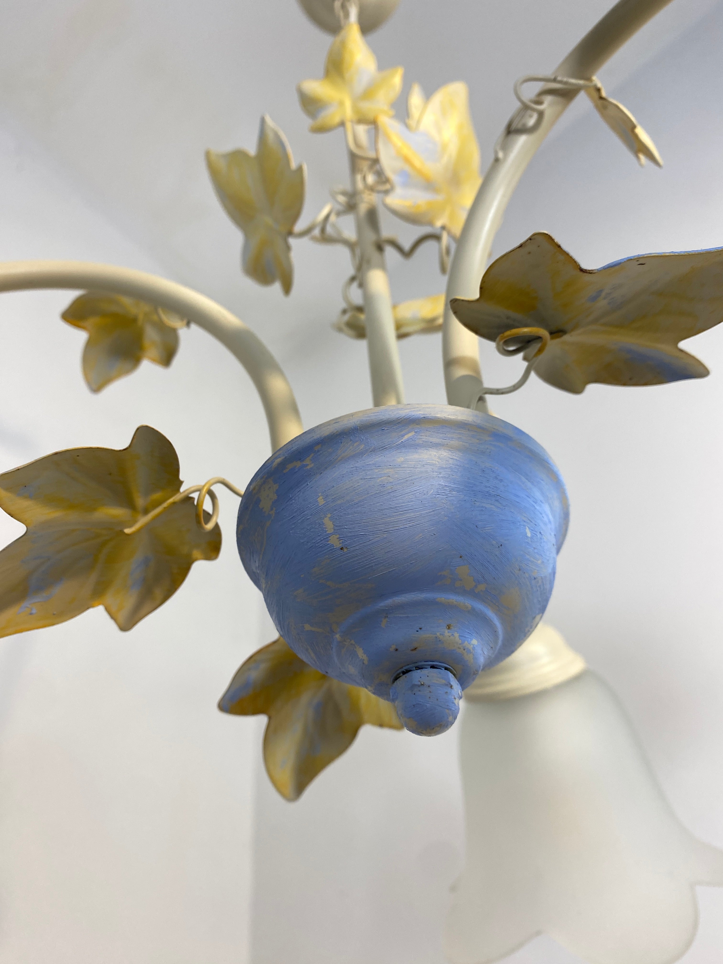Vintage French Toleware Chandelier Frosted Glass Floral Ivy Shabby Chic 3-Light — photo 13