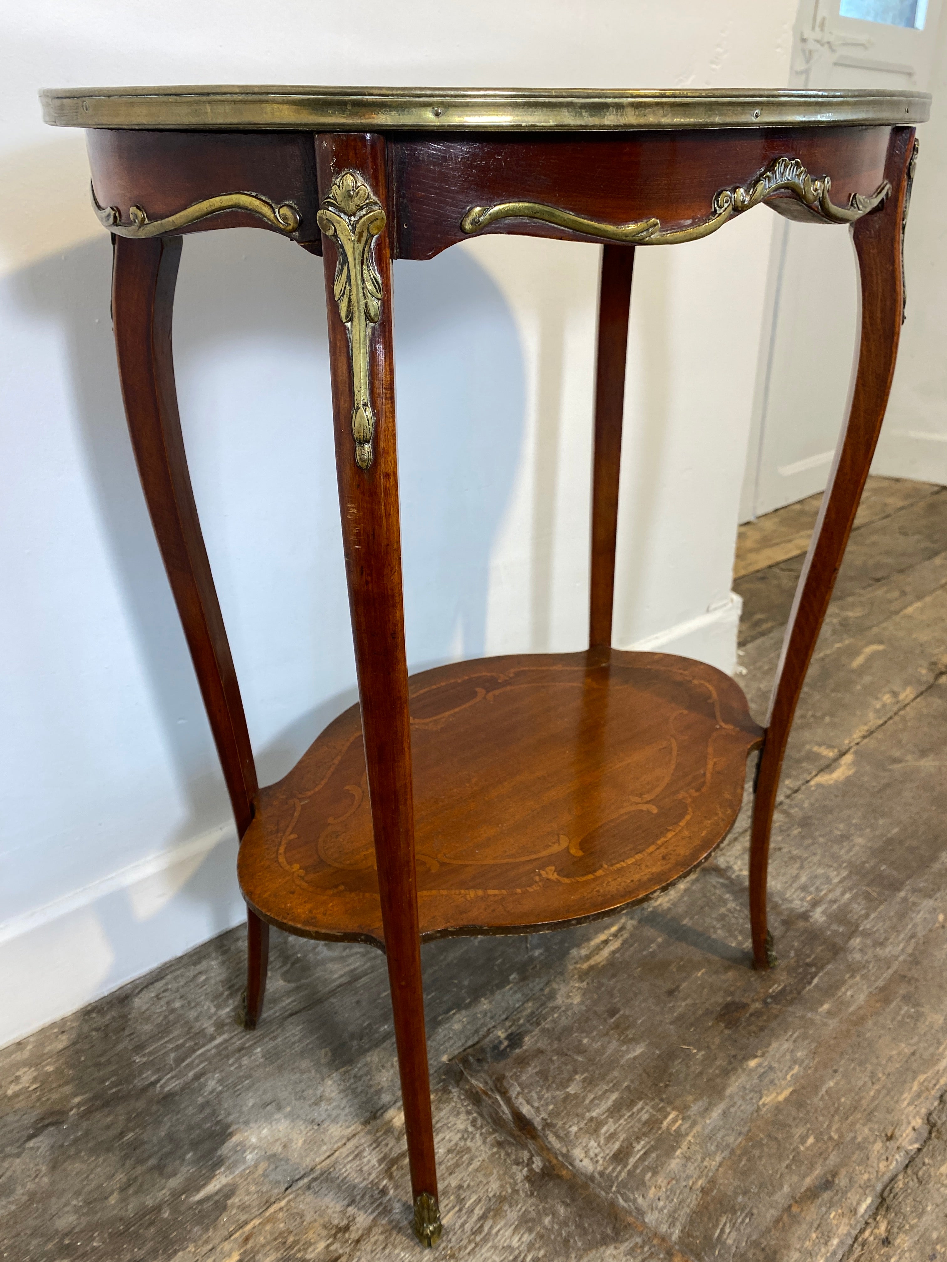 Antique French Louis XV Mahogany Side Table Ormolu Marquetry Brass c.1900 — photo 3