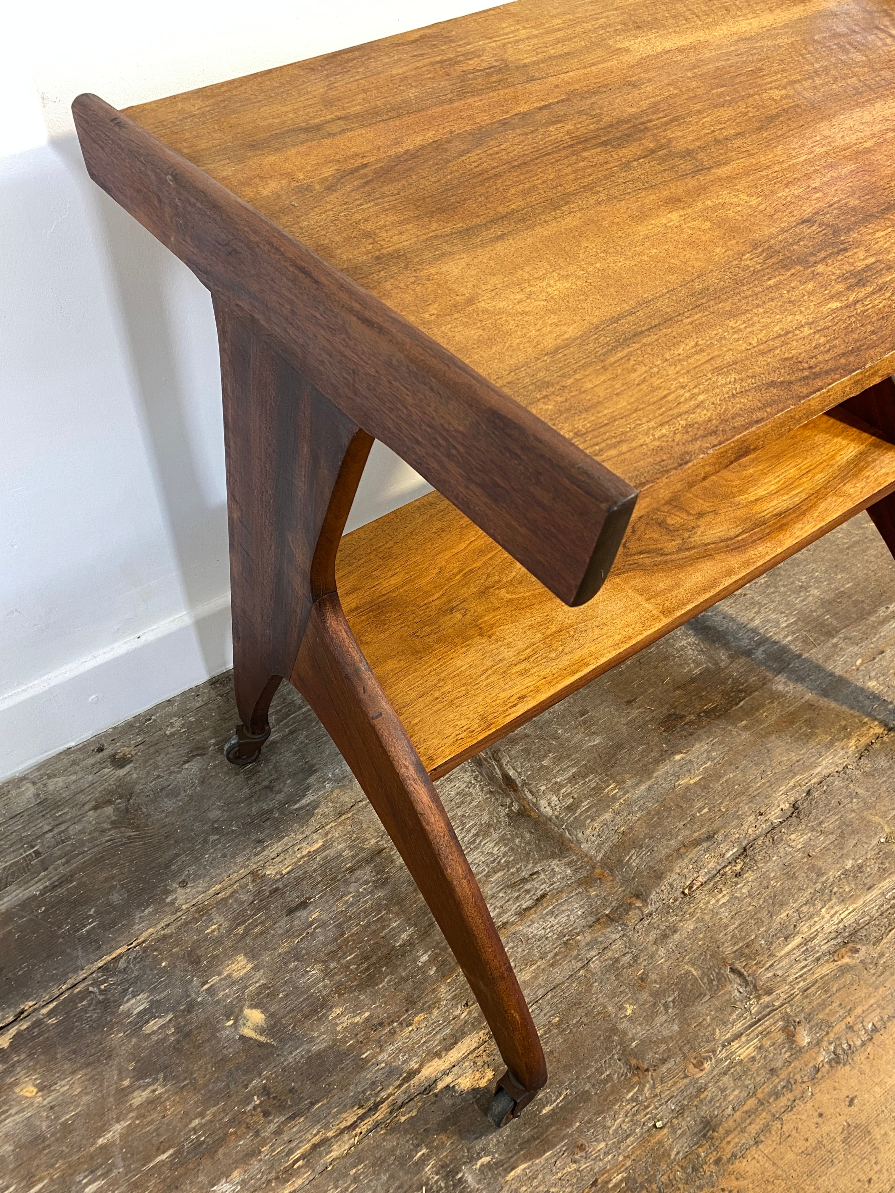 Vintage 1950s Mid-Century Modern Side Table on Casters – Sculptural Solid Wood Design — photo 8