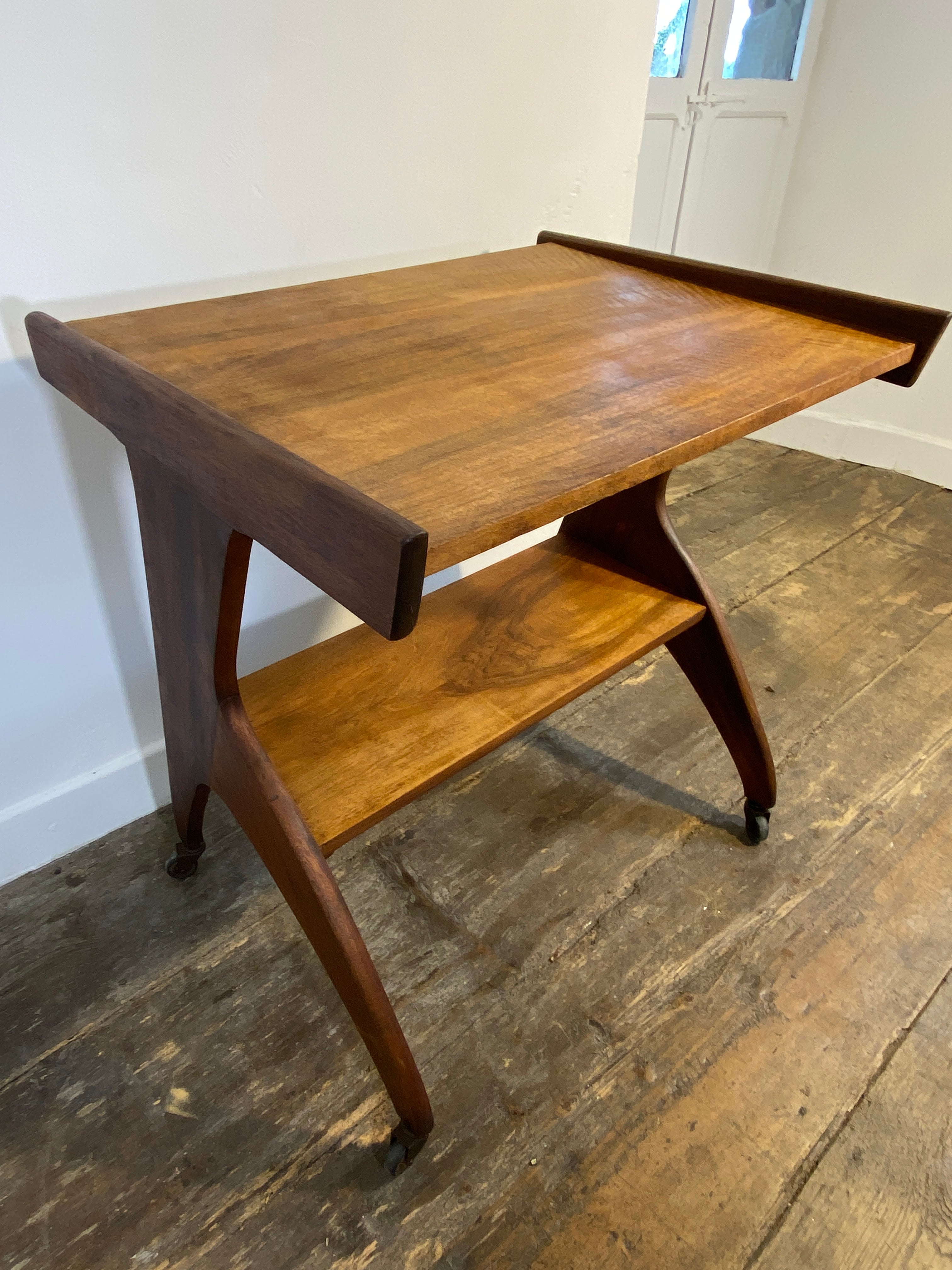 Vintage 1950s Mid-Century Modern Side Table on Casters – Sculptural Solid Wood Design — photo 9