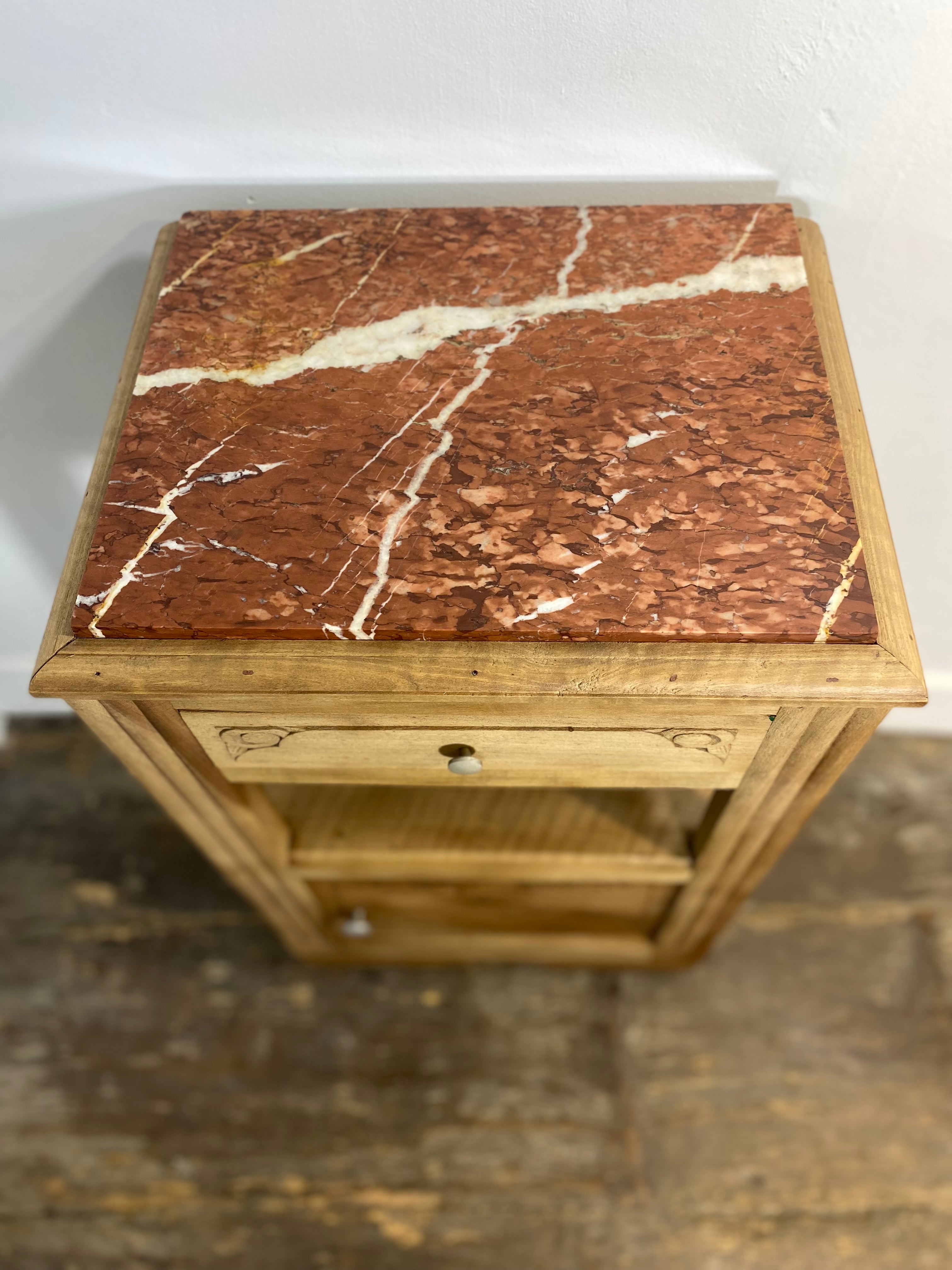 Antique Provincial Walnut Bedside Cabinet with Red Marble Top — photo 2