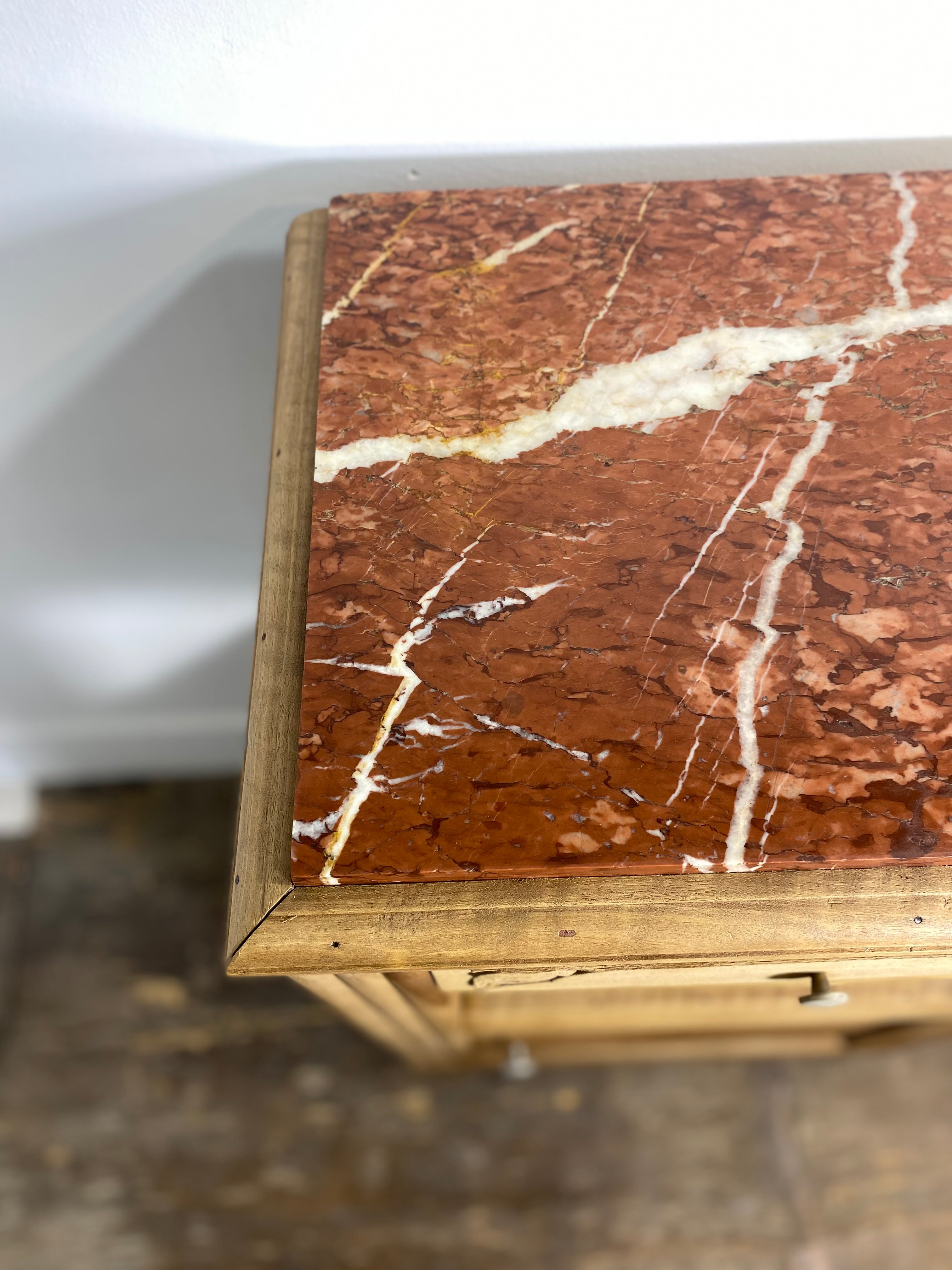 Antique Provincial Walnut Bedside Cabinet with Red Marble Top — photo 4