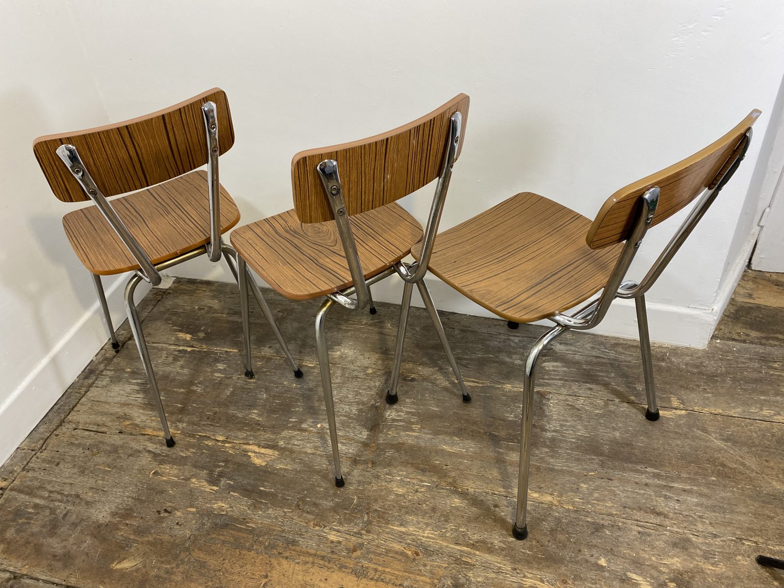 Set of 3 Vintage French Kitchen Chairs, Wood-Effect Formica & Chrome, 1960s-70s — photo 1