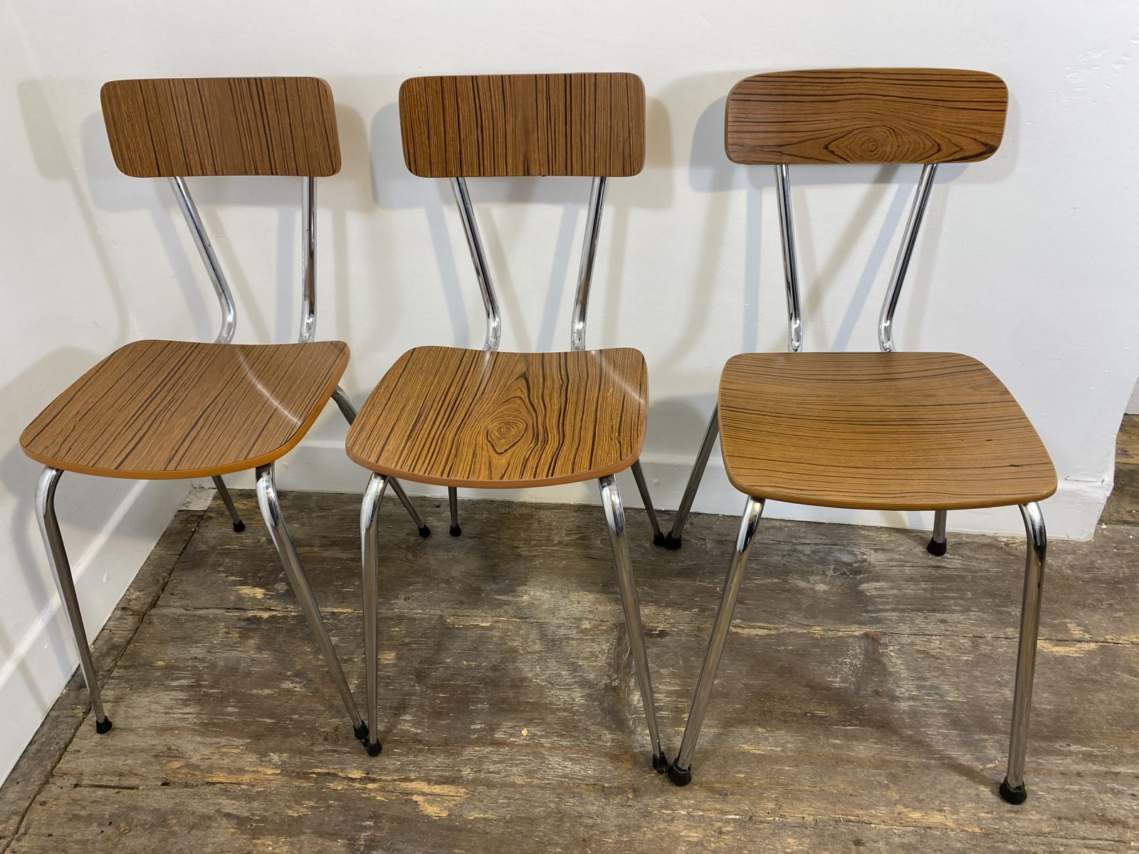 Set of 3 Vintage French Kitchen Chairs, Wood-Effect Formica & Chrome, 1960s-70s — photo 2