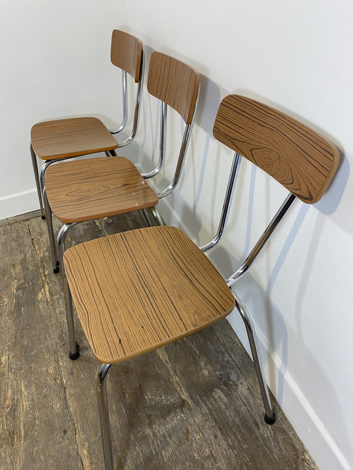 Set of 3 Vintage French Kitchen Chairs, Wood-Effect Formica & Chrome, 1960s-70s — photo 3